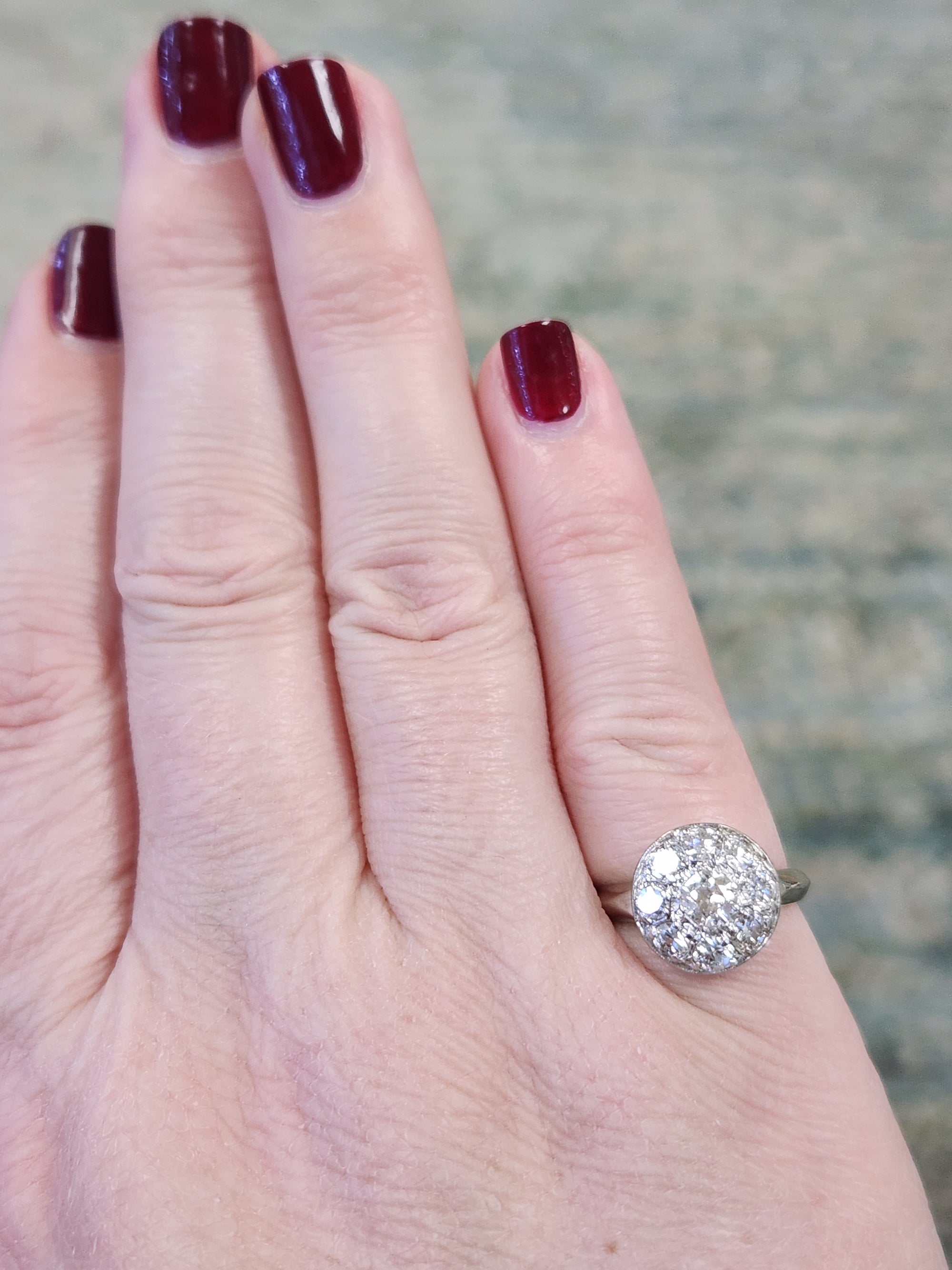 Late Art Deco Old European Diamond Daisy Cluster Ring in 14k White Gold