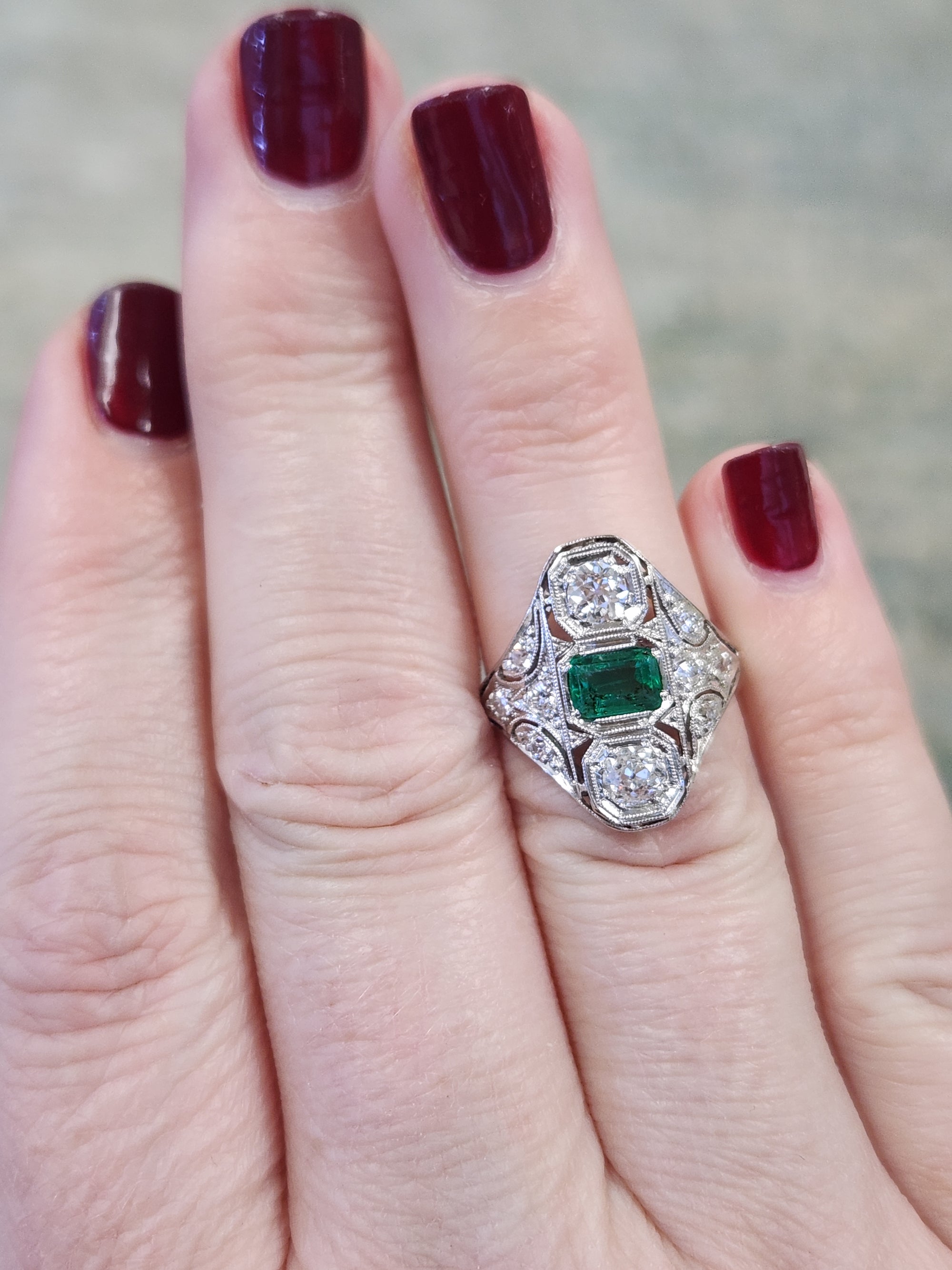 Art Deco Emerald and Old European Cut Diamond Ring in Platinum