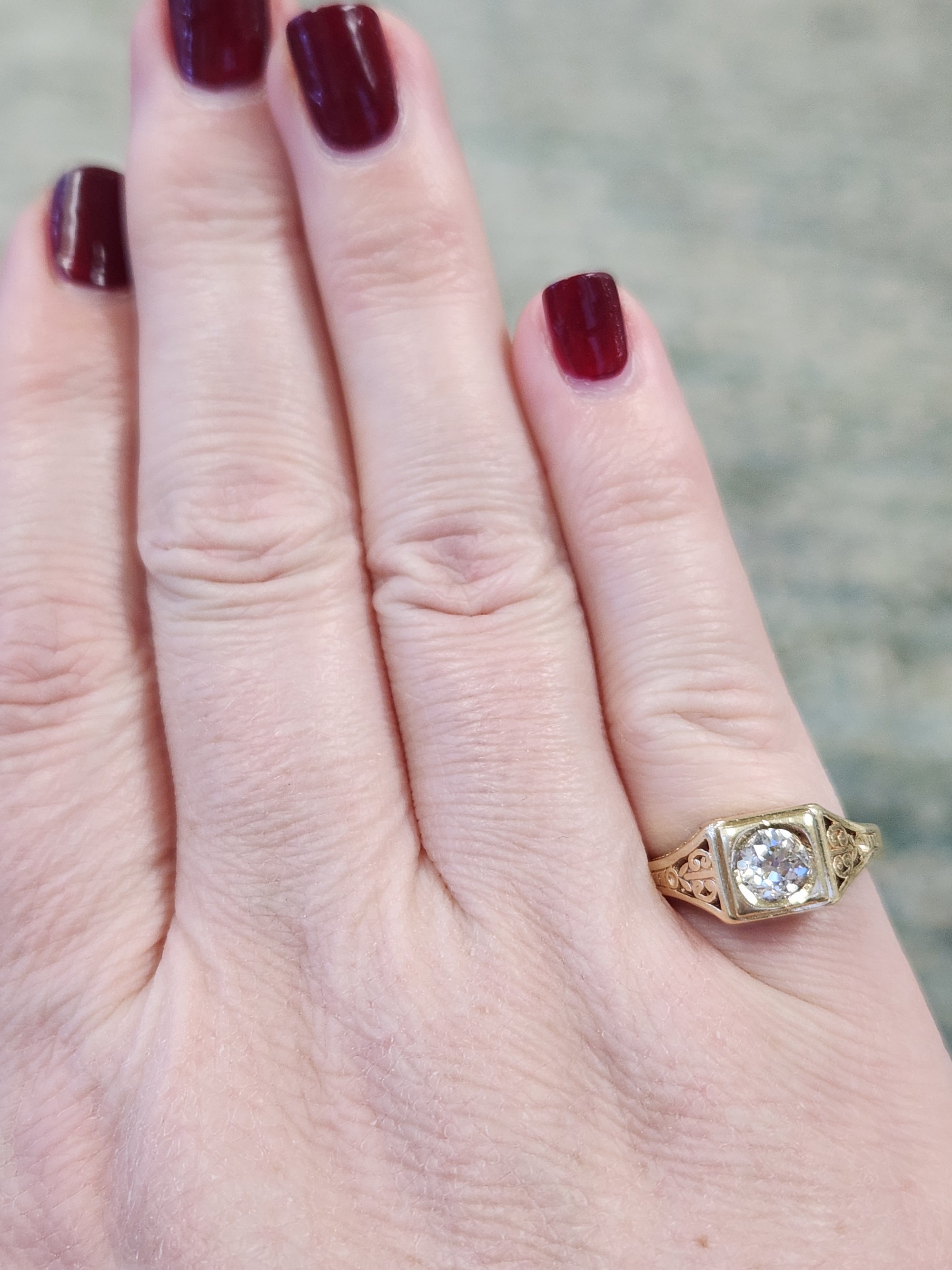 Art Deco Old European Cut Diamond Solitaire Filigree Ring in 14k Yellow Gold