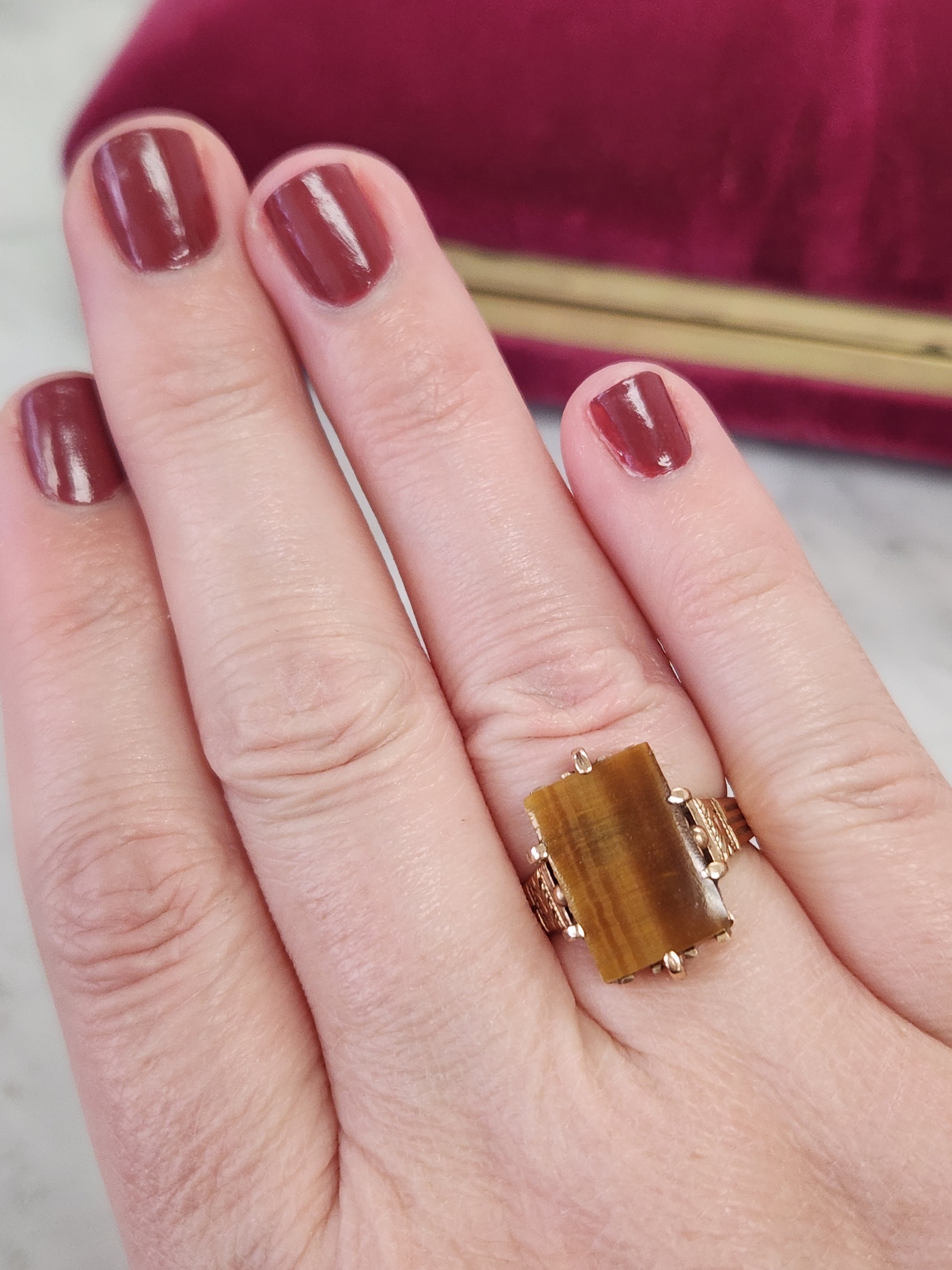 Victorian Tiger's Eye Slab Signet Ring in Rosy 14k Yellow Gold