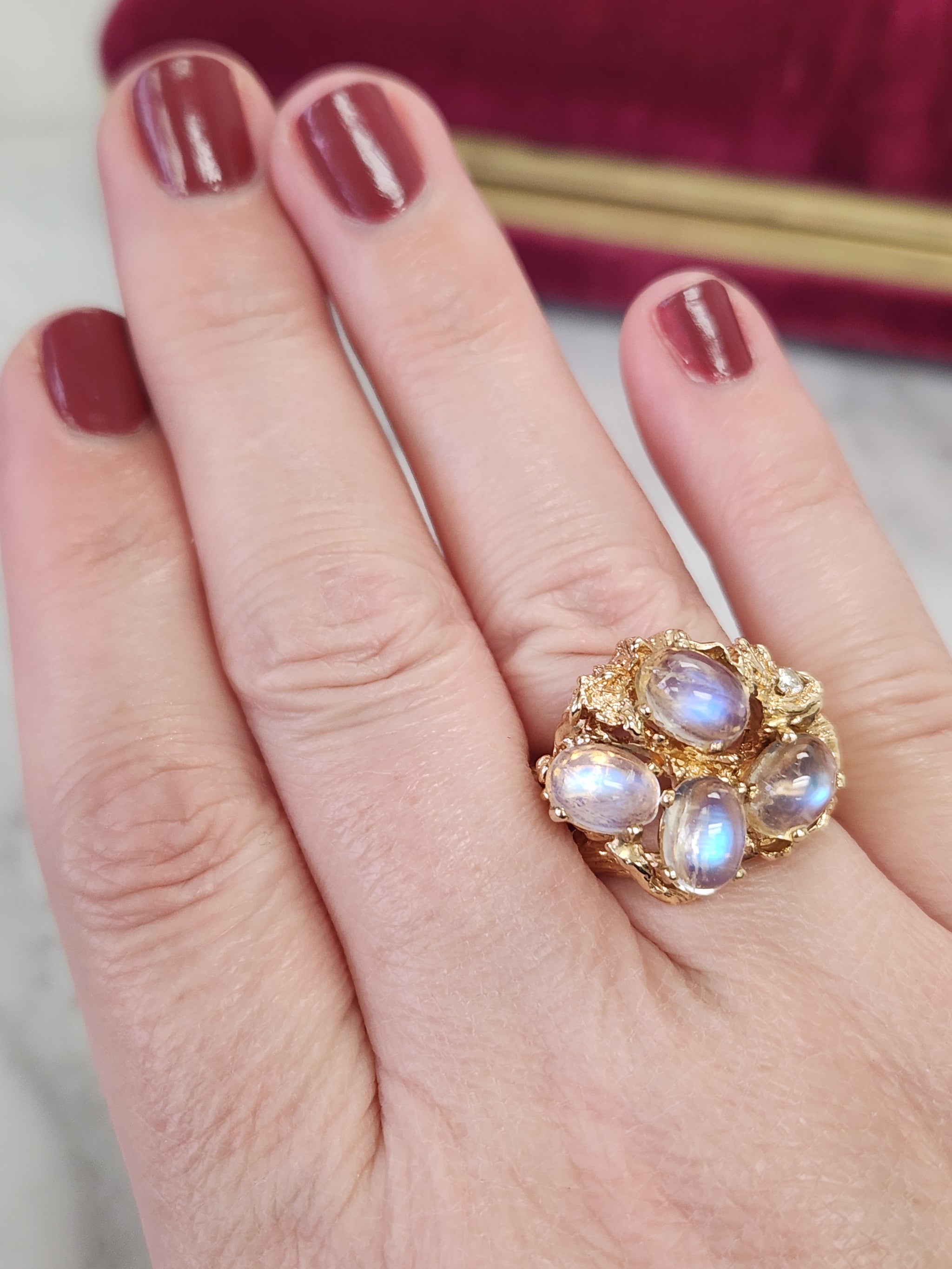 Vintage Moonstone and Diamond Organic Statement Ring in 14k Yellow Gold