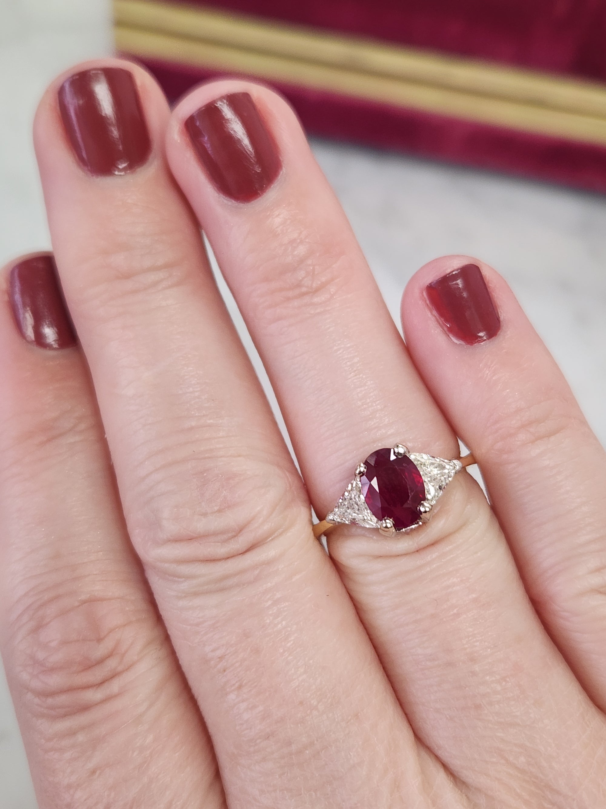 Classic Ruby and Trillion Cut Diamond Ring in 18k Yellow Gold