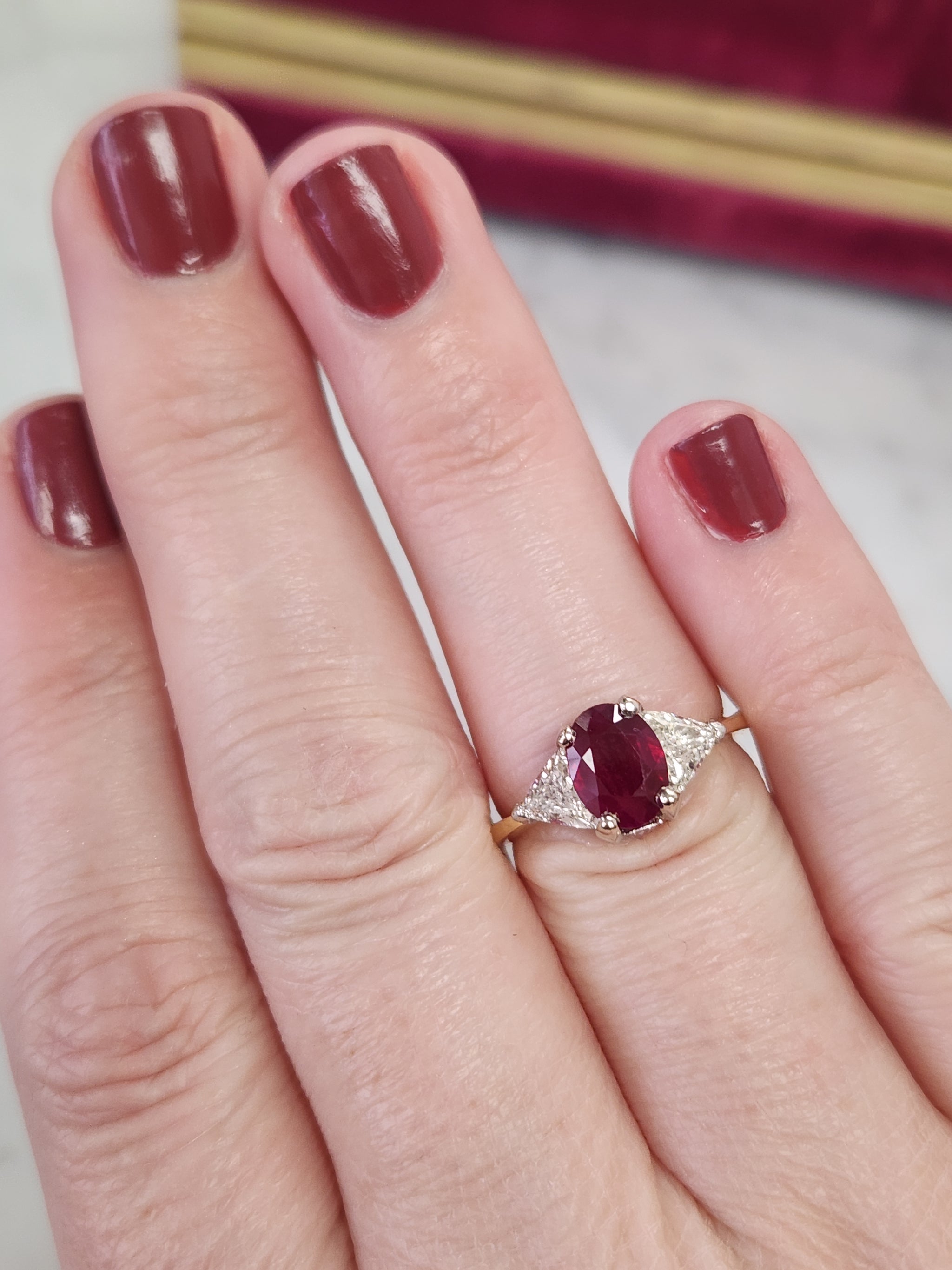 Classic Ruby and Trillion Cut Diamond Ring in 18k Yellow Gold