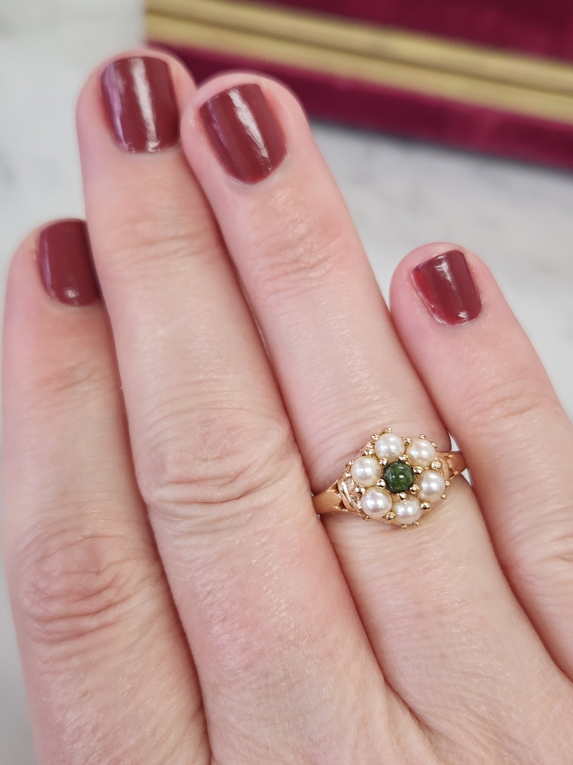 Vintage Nephrite Jade and Pearl Cluster Ring in 14k Yellow Gold