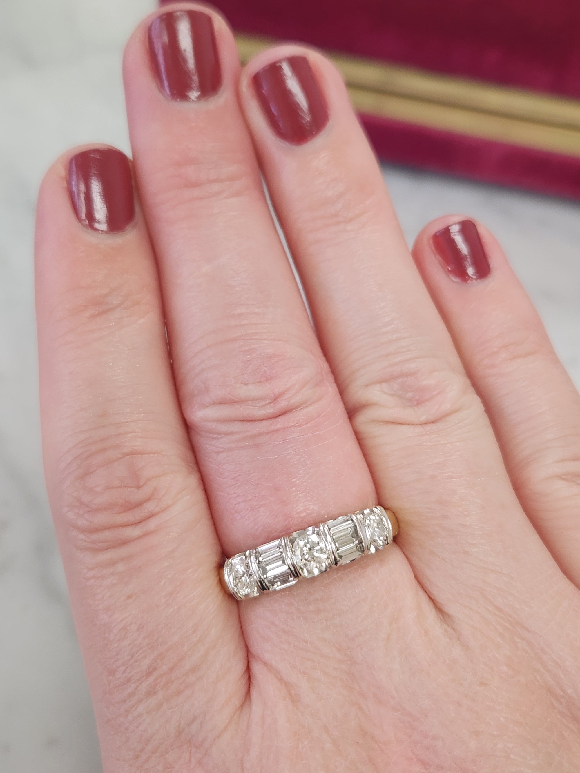 Sparkling Round and Baguette Cut Diamond Band Ring in 14k Yellow Gold