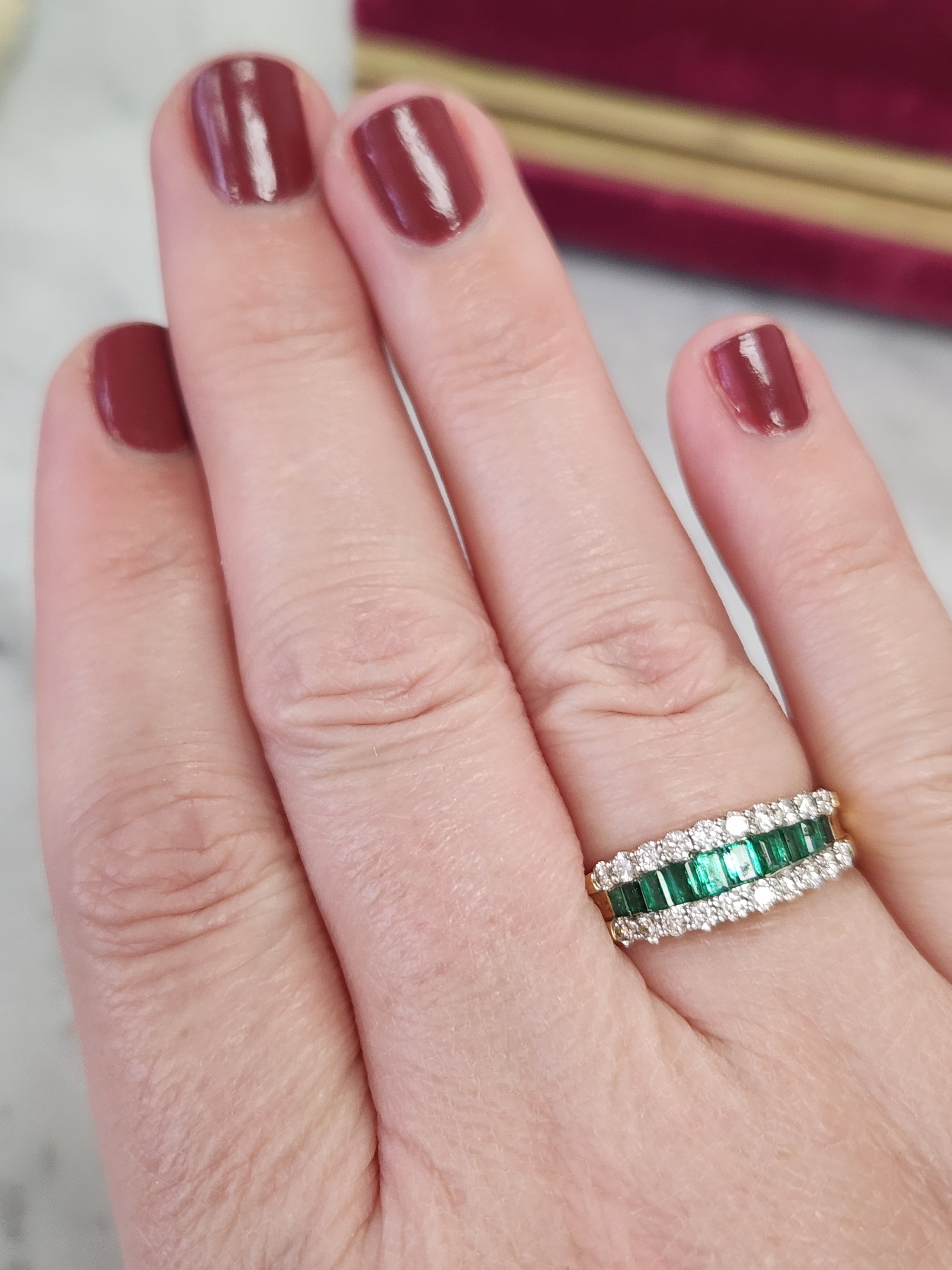 Sparkling Emerald and Diamond Band Ring in 14k Yellow Gold