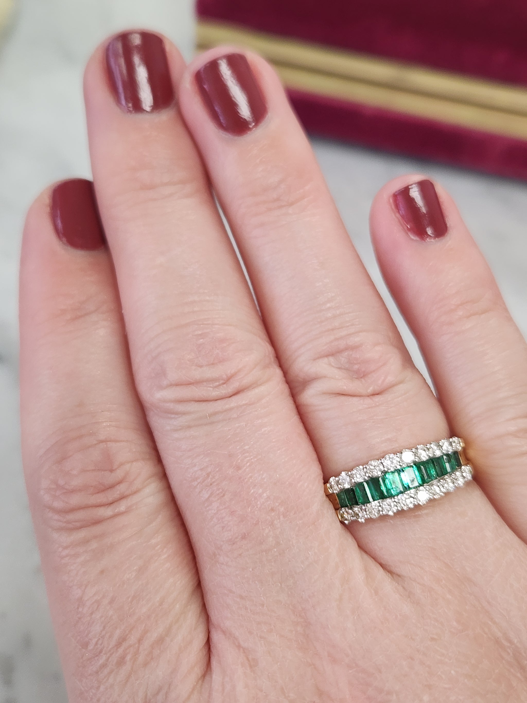 Sparkling Emerald and Diamond Band Ring in 14k Yellow Gold
