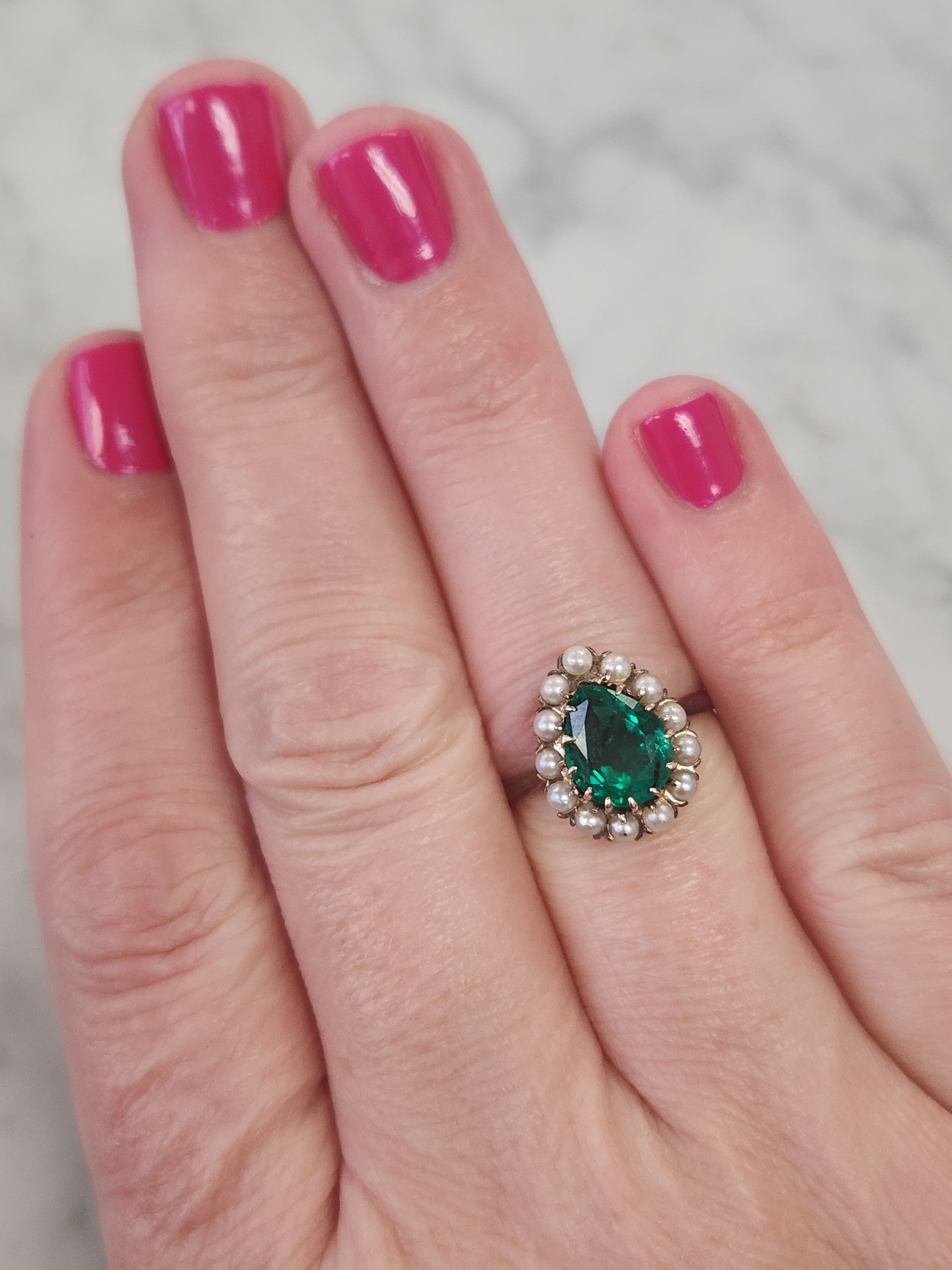 Victorian Pear Cut Natural Emerald and Pearl Halo Ring in 10k Yellow Gold