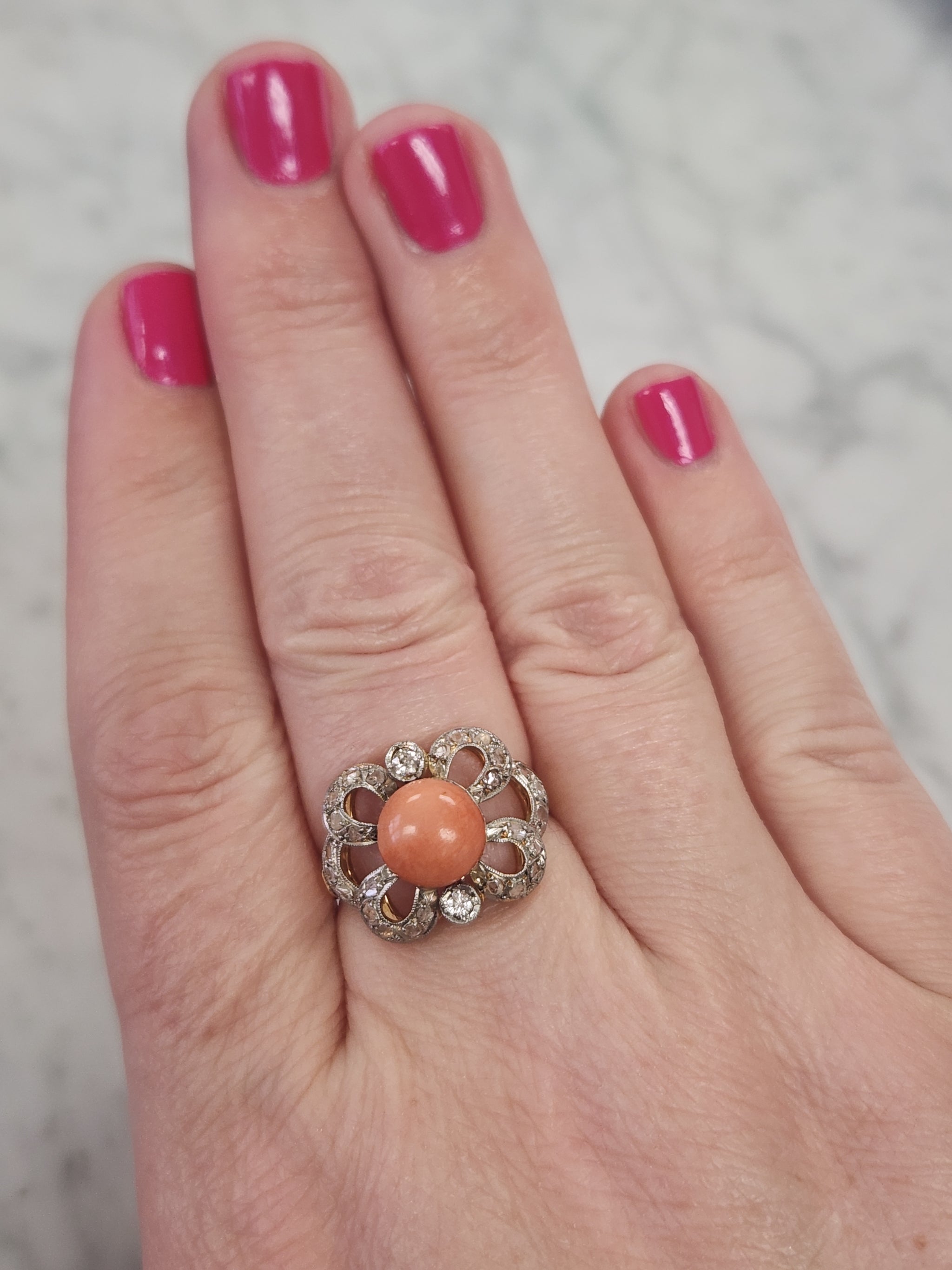 Edwardian Coral and Rose Cut Diamond Cocktail Ring in 14k Yellow Gold