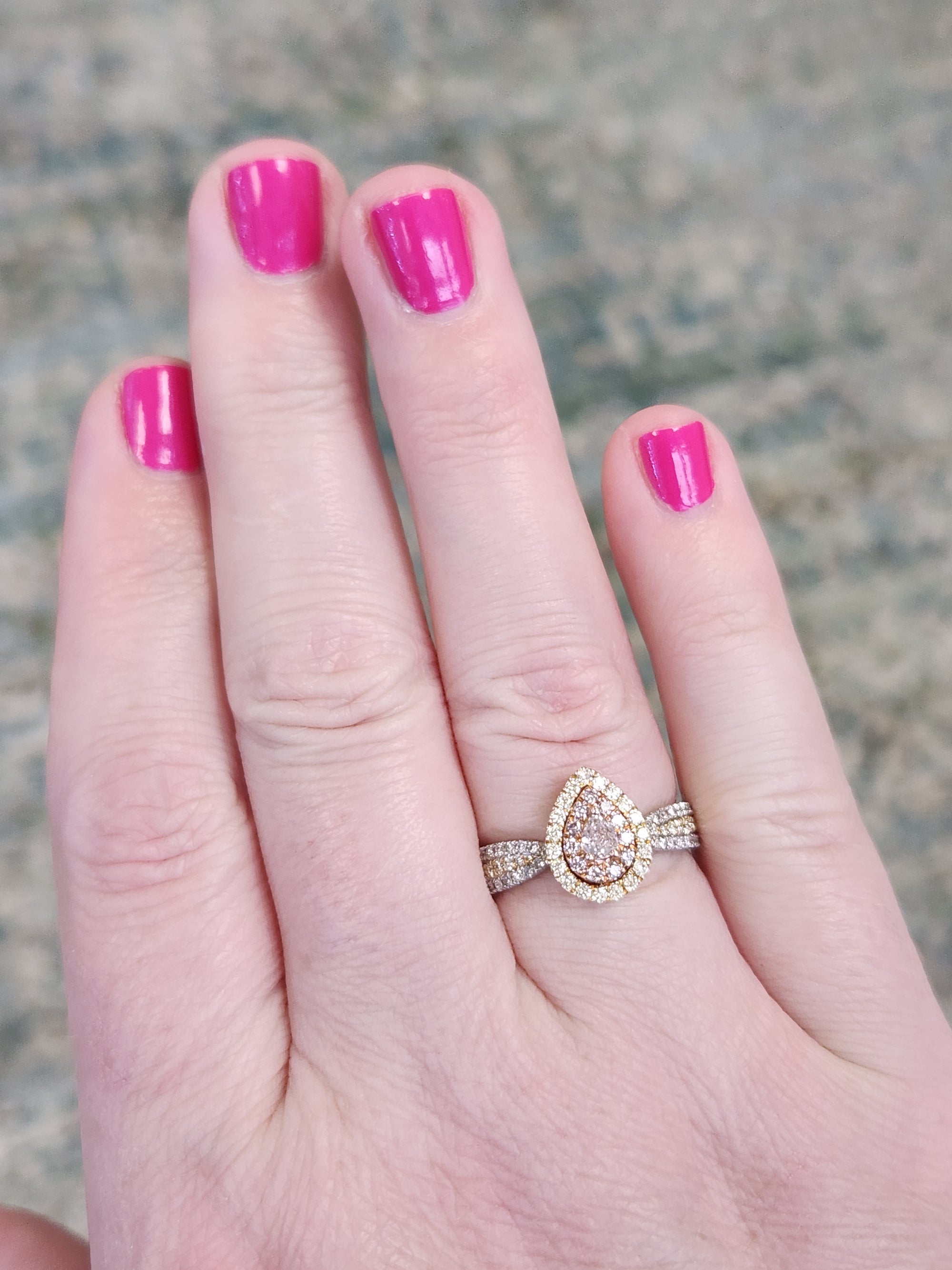 Natural Pink Yellow and White Diamond Pear Cut Cluster Ring in 14k White Gold