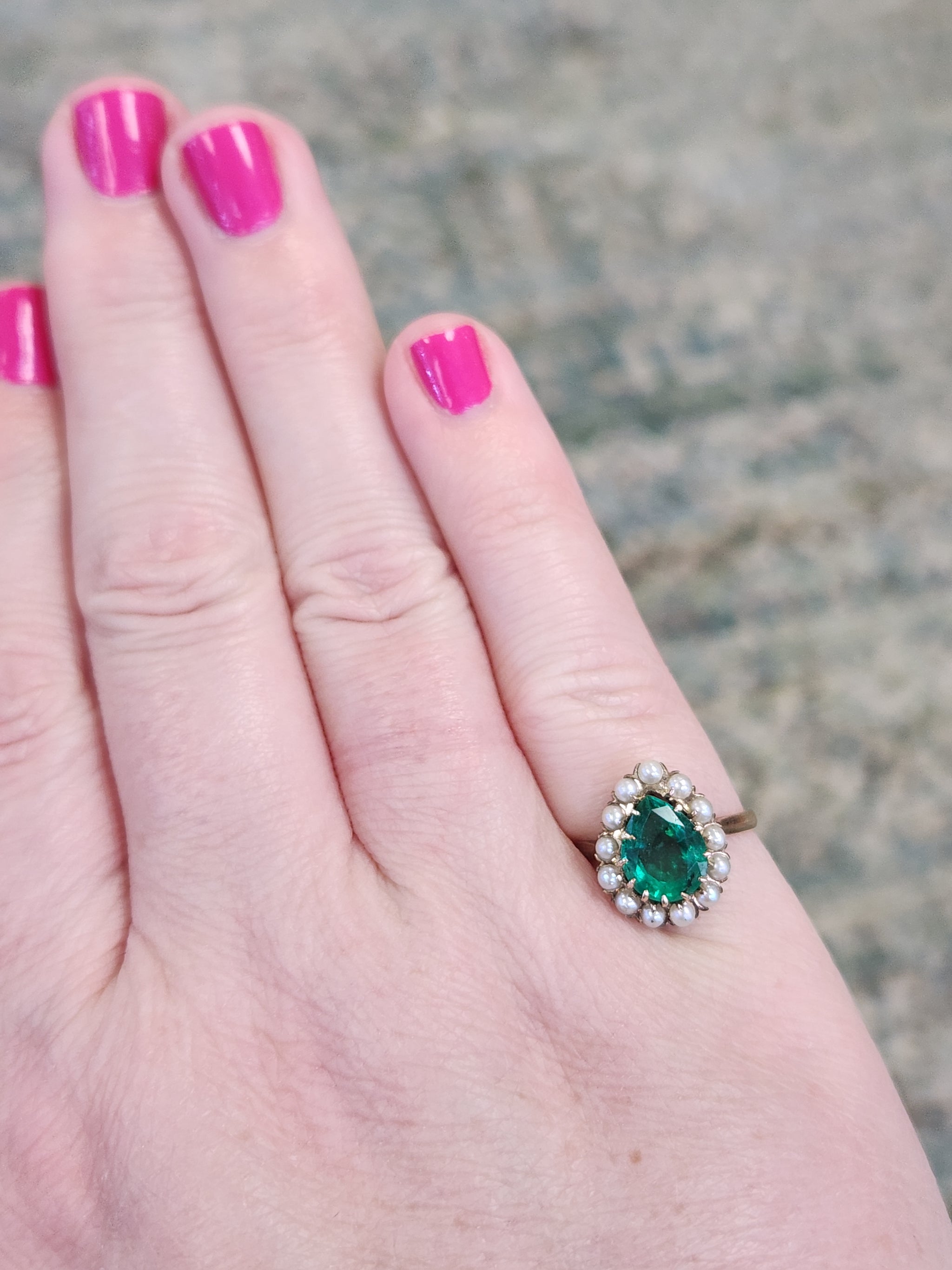 Victorian Pear Cut Natural Emerald and Pearl Halo Ring in 10k Yellow Gold
