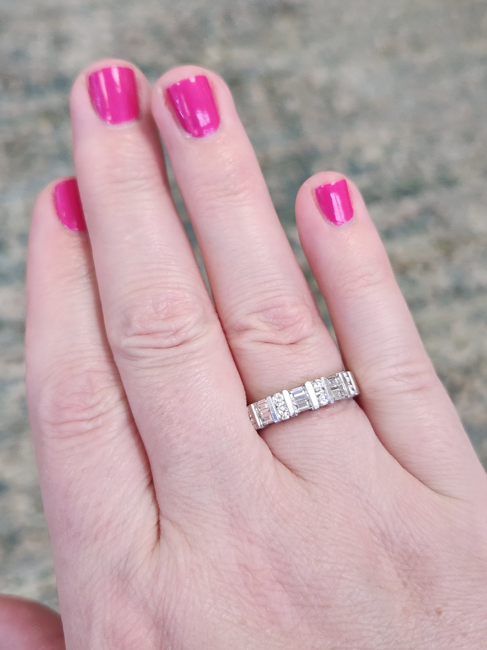 Channel Set Baguette and Round Brilliant Cut Diamond Stackable Band Ring in 14k White Gold