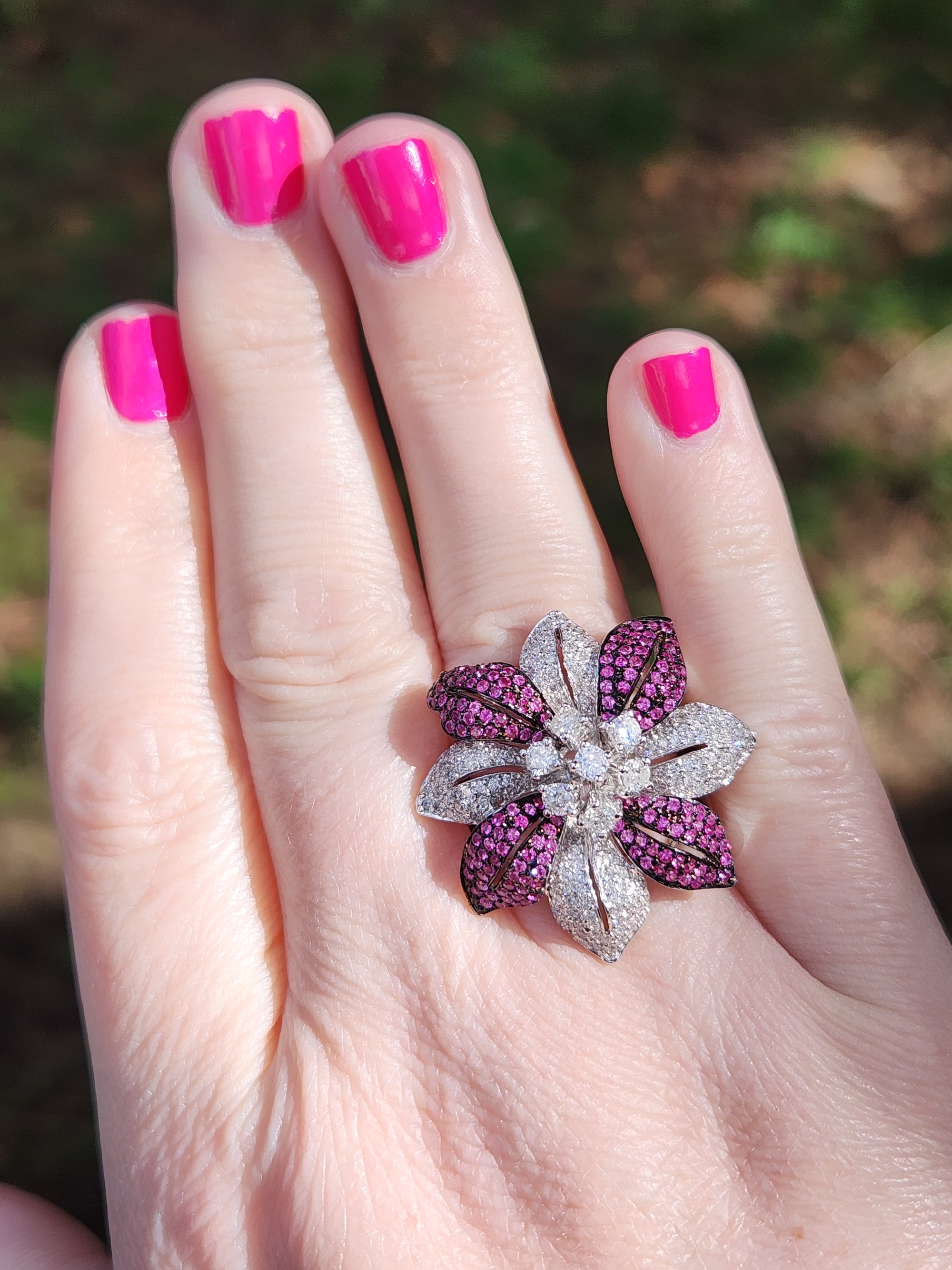 Bold Pink Sapphire and Diamond Flower Cocktail Ring in 18k White Gold