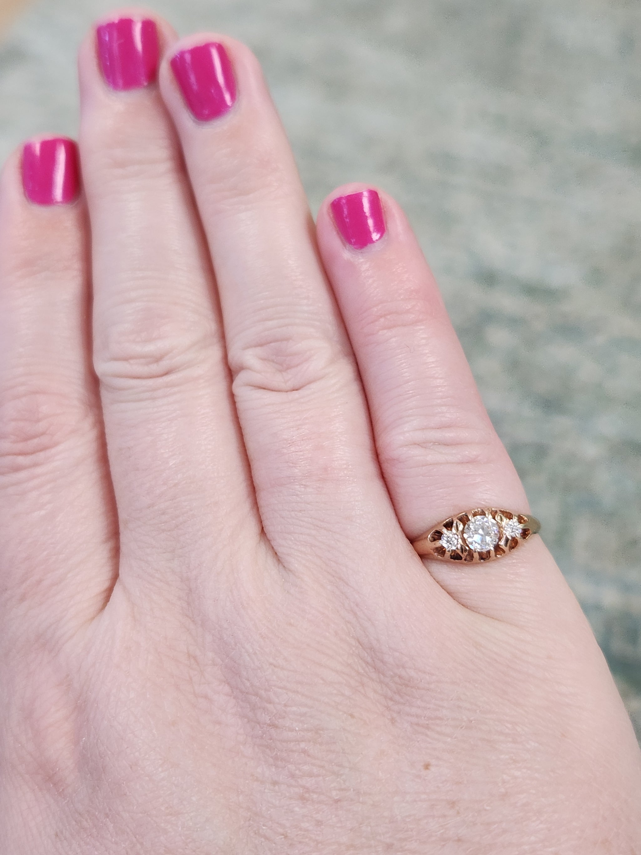 Brilliant Victorian Old European Cut Diamond Three Stone Belcher Set Ring in 14k Rosy Gold