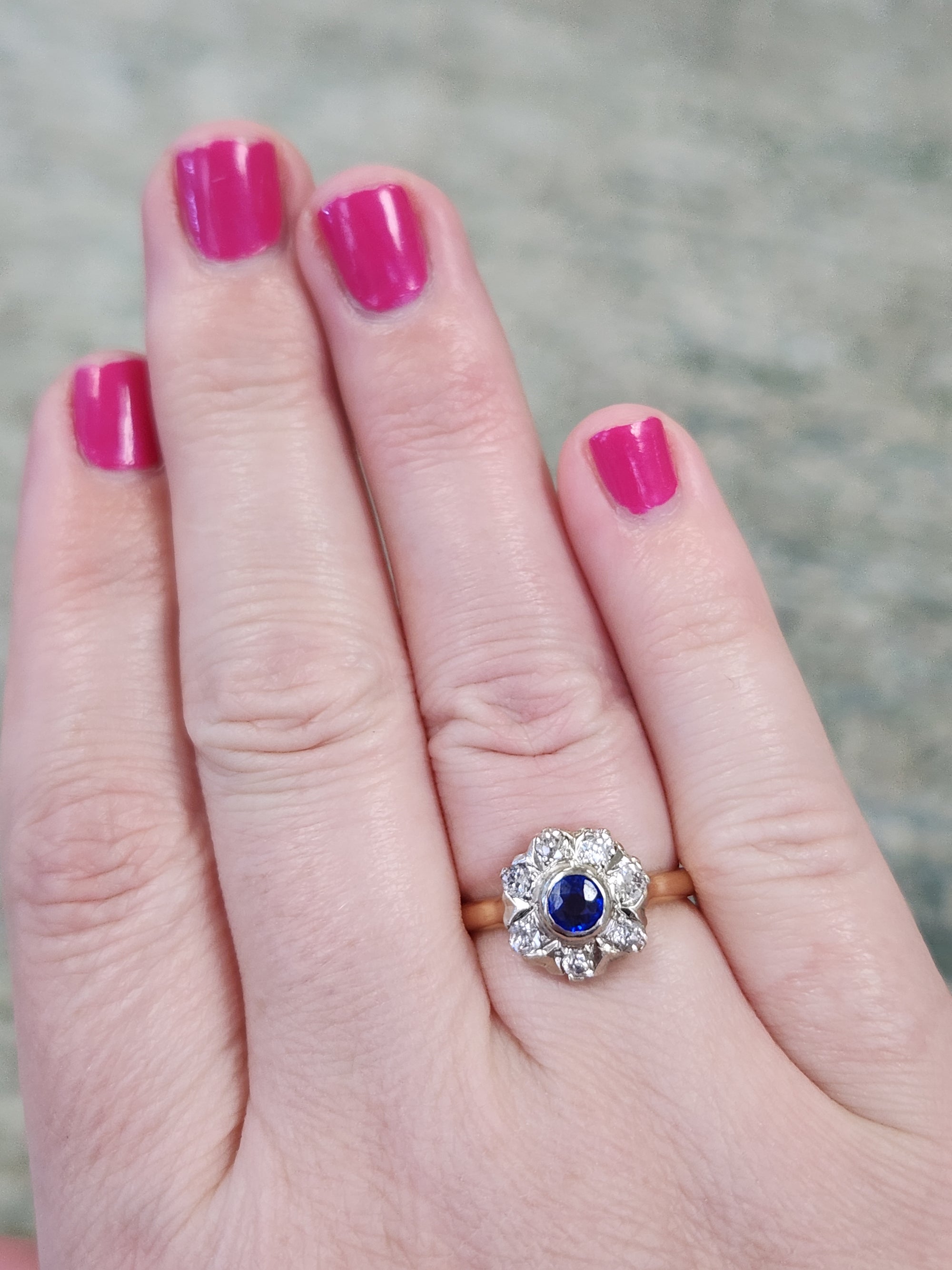 Art Deco Bezel Set Sapphire & Old European Cut Diamond Daisy Ring in 14k Yellow Gold