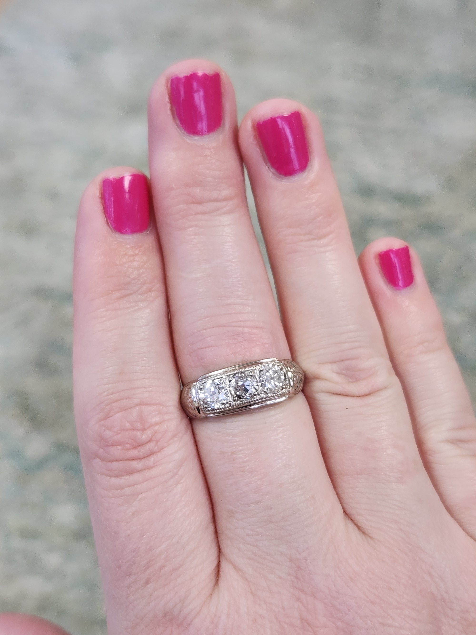 Late Art Deco Old European Cut Diamond Three Stone Band Ring in 14k White Gold