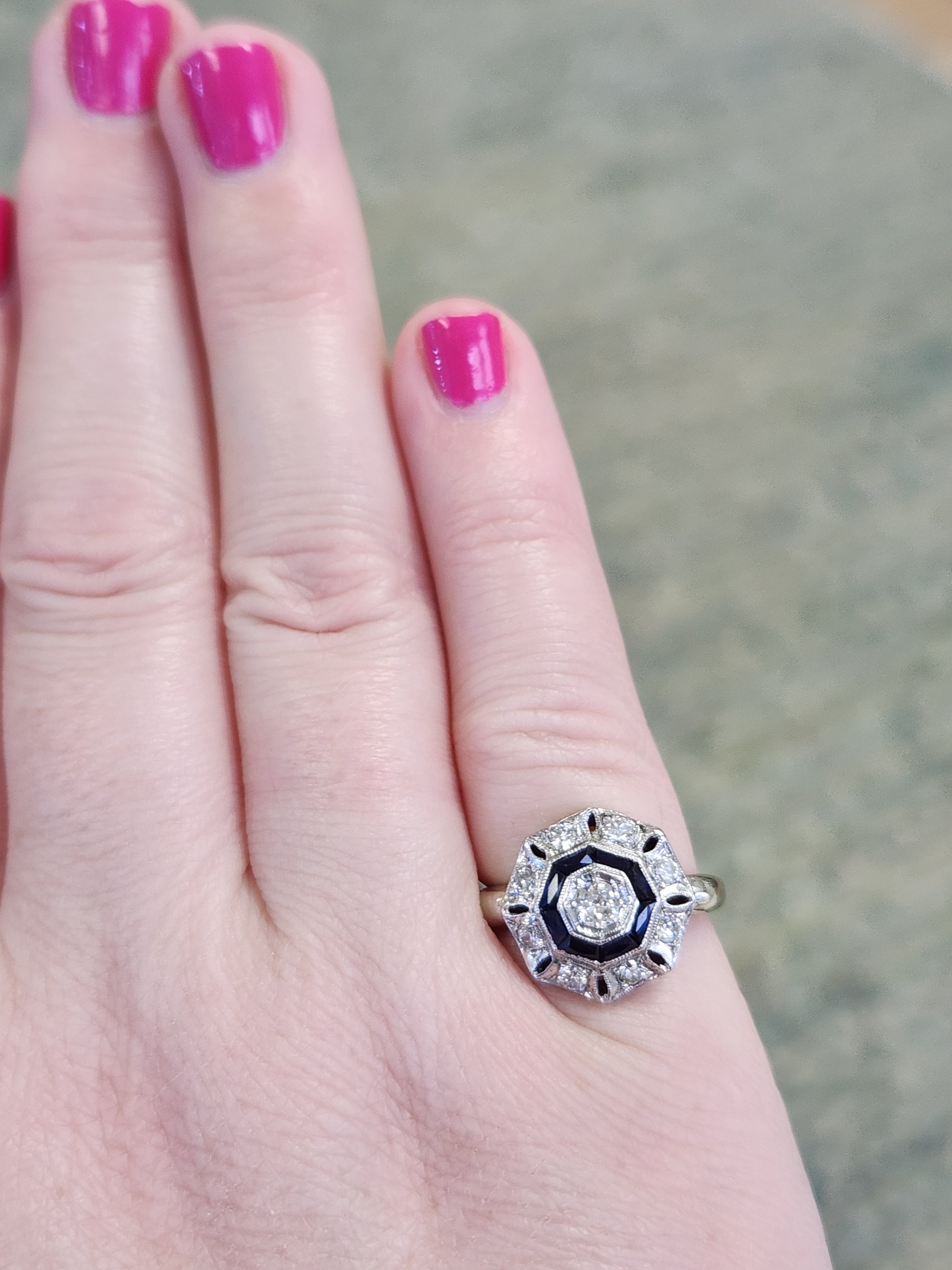 Art Deco Bezel Set Sapphire & Old European Cut Diamond Daisy Ring in 14k Yellow Gold