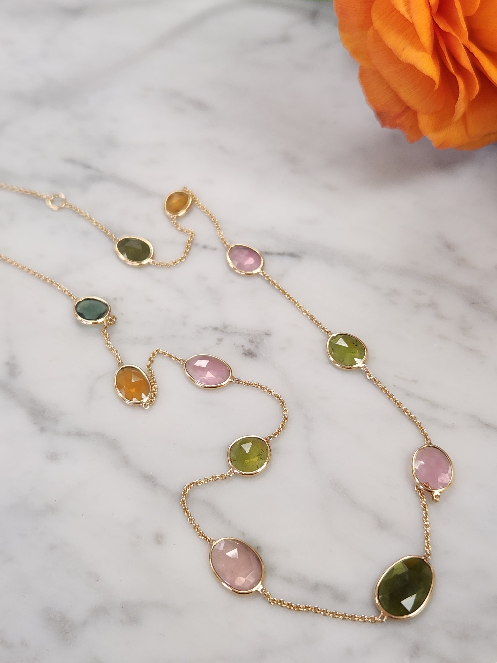 Multi-Color Tourmaline Rose Cut Bezel Set Station Necklace in 14k Yellow Gold