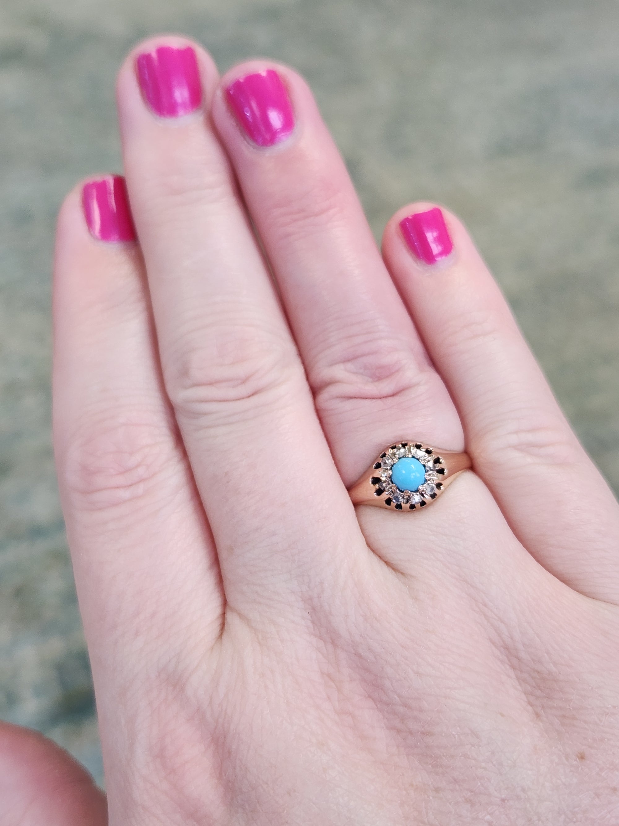 Darling Victorian Turquoise and Rose Cut Diamond Halo Ring in 14k Rose Gold