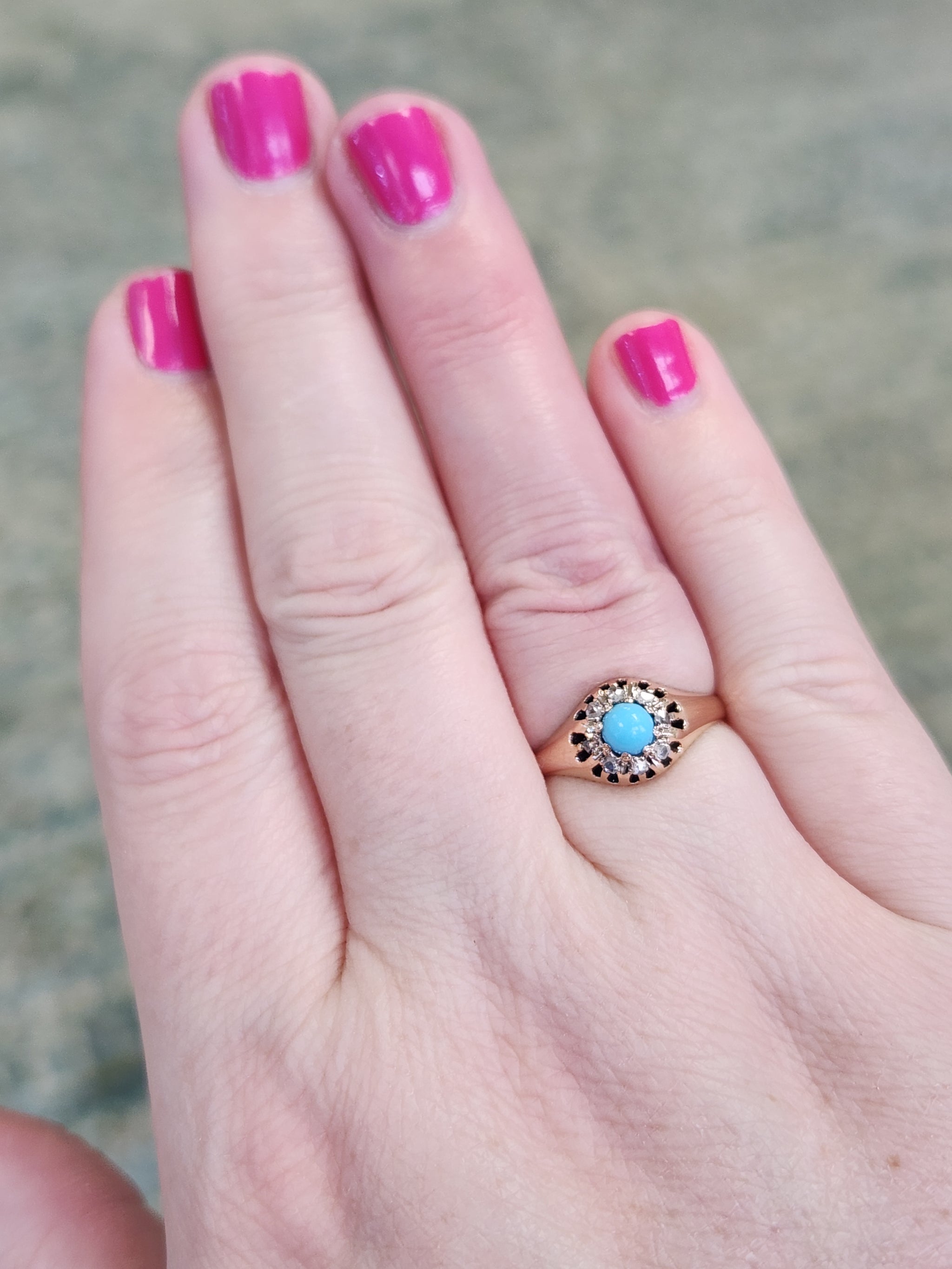 Darling Victorian Turquoise and Rose Cut Diamond Halo Ring in 14k Rose Gold