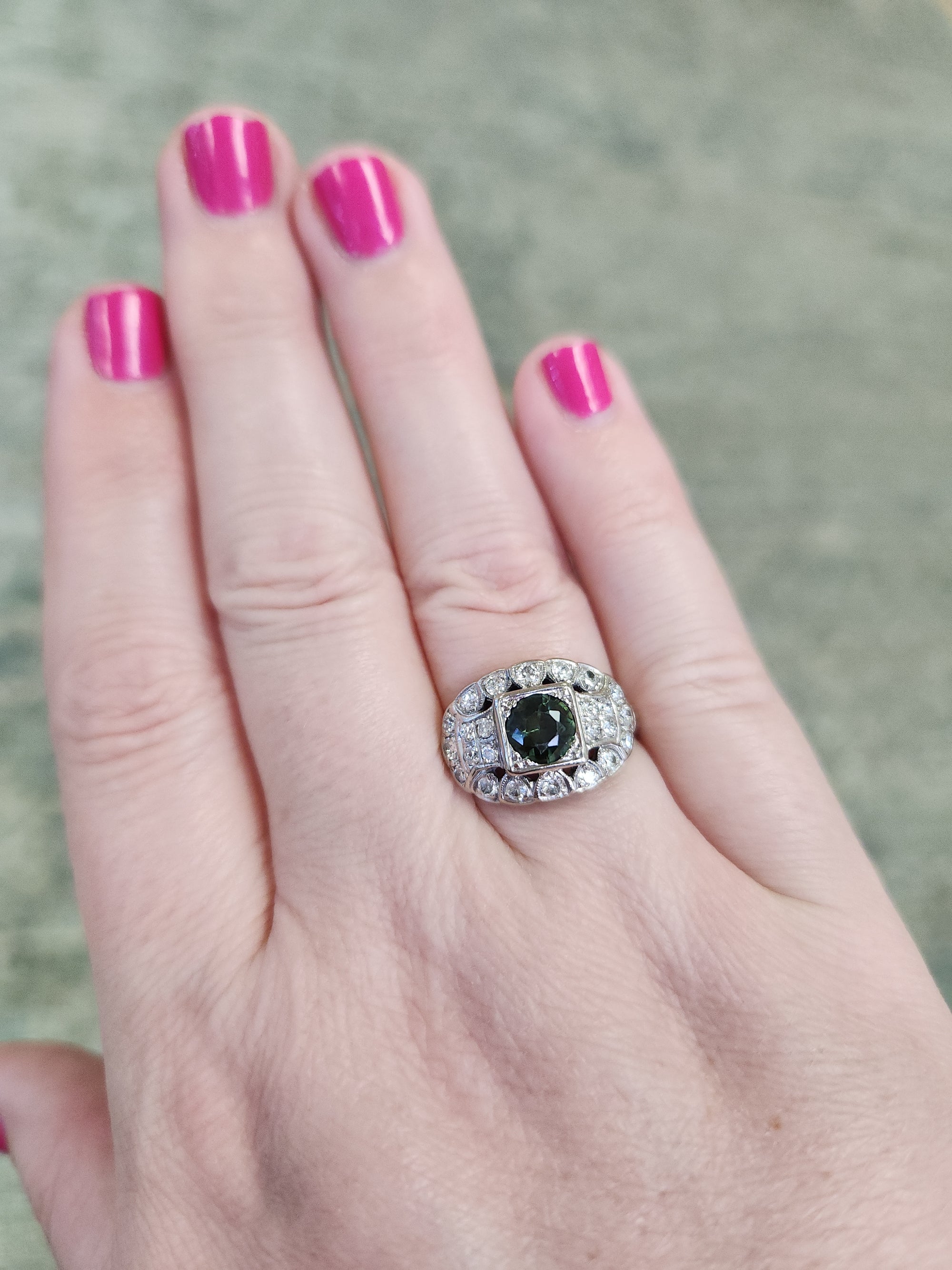 Late Art Deco Deep Green Sapphire and Old European Cut Diamond Ring in 14k White Gold