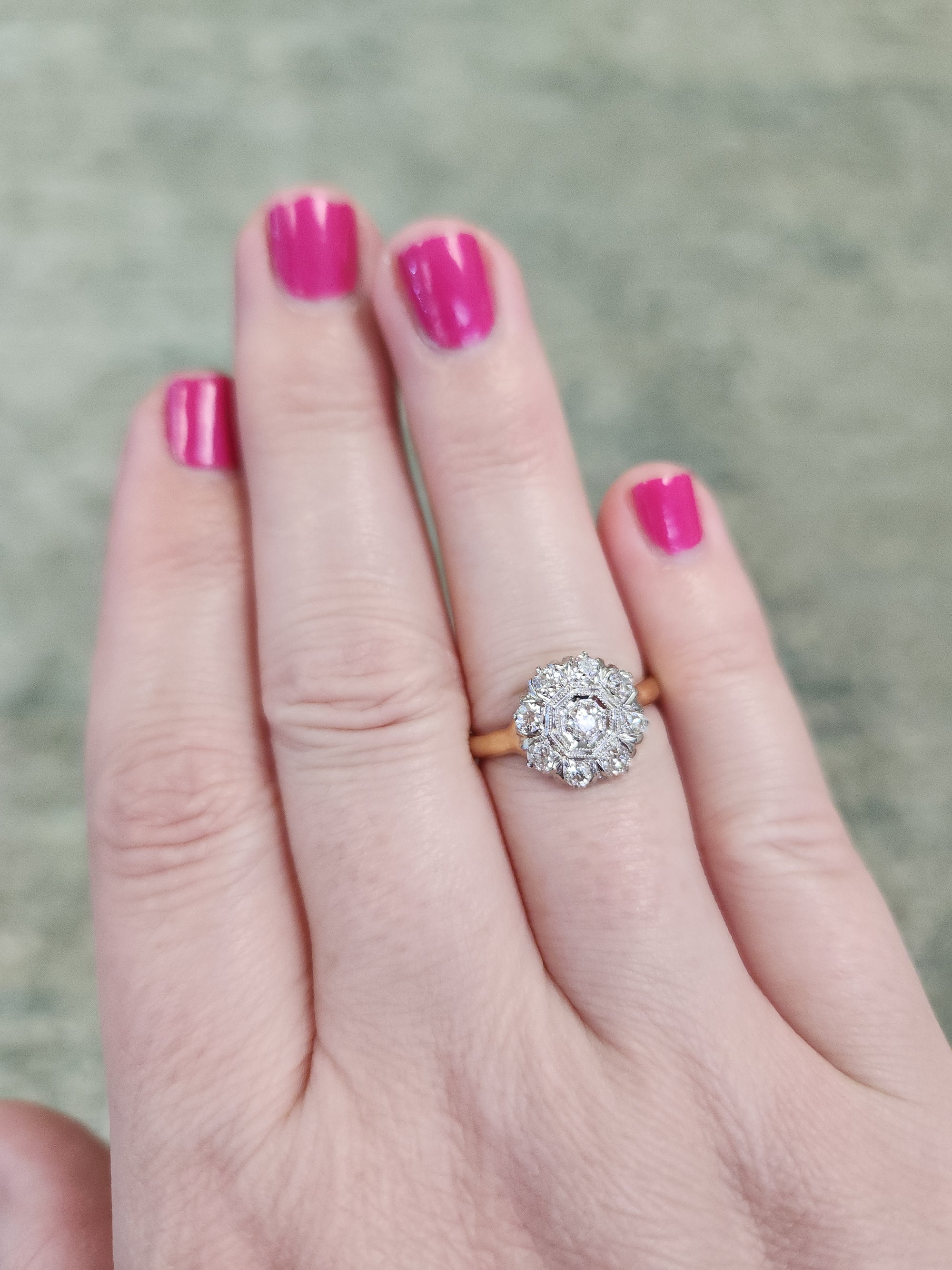 Darling Old European Cut Diamond Cluster Daisy Ring in 14k Yellow Gold
