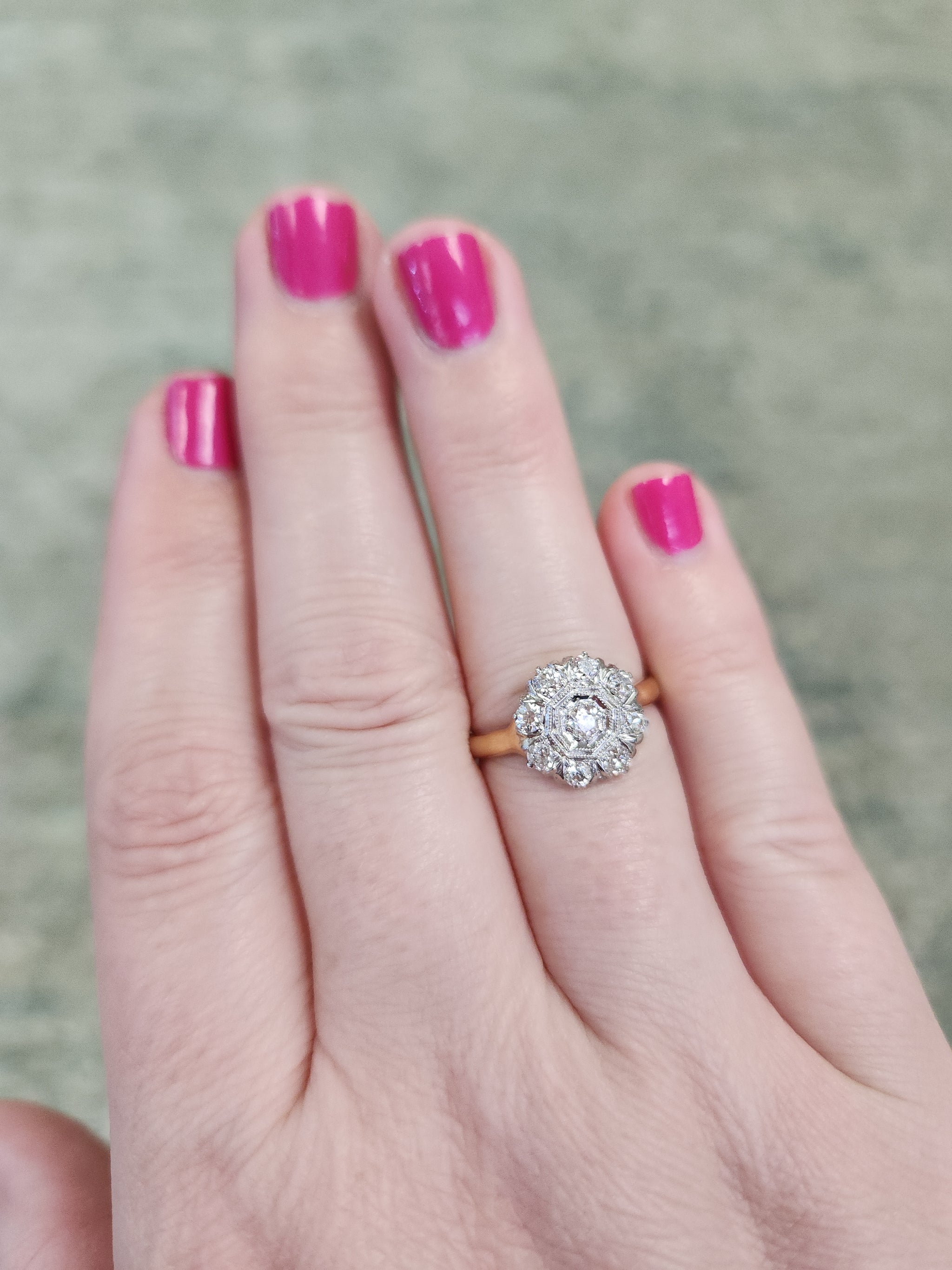 Darling Old European Cut Diamond Cluster Daisy Ring in 14k Yellow Gold