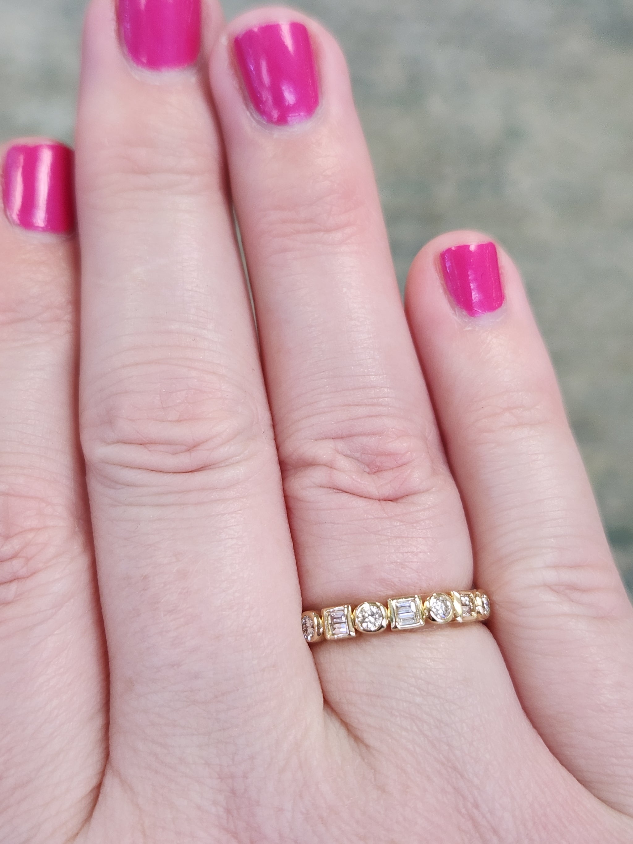 Bezel Set Round and Baguette Cut Diamond Band Ring in 14k Yellow Gold