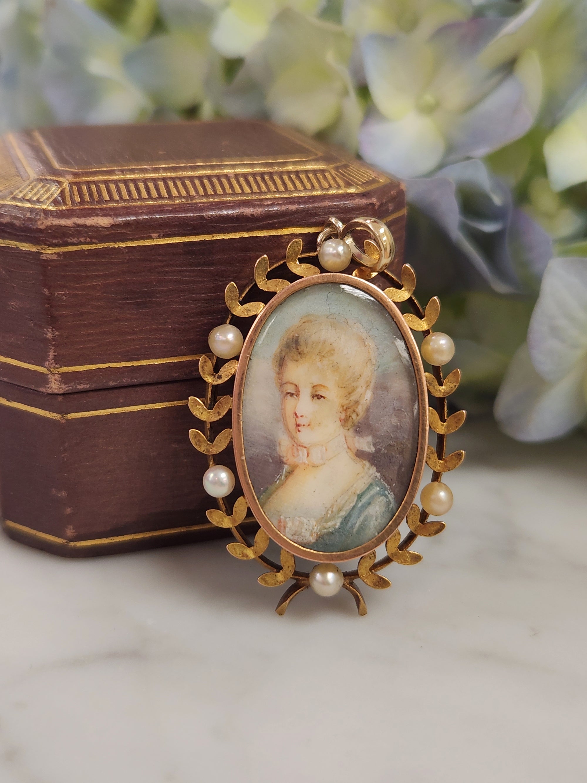 Hand Painted Miniature Woman's Portrait With Pearl Wreath Pendant in 14k Yellow Gold