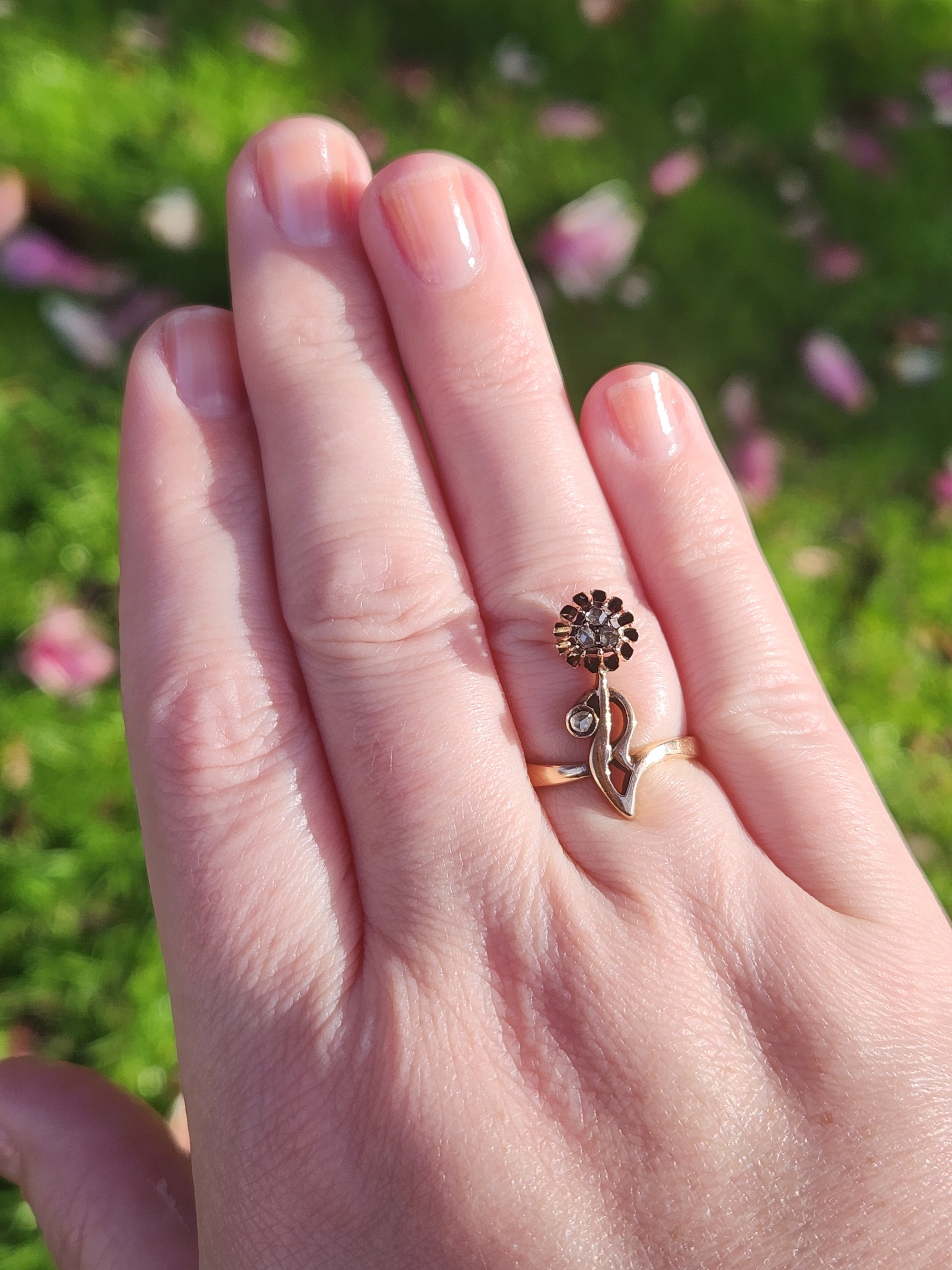 Antique Victorian Rose Cut Diamond Flower Ring in 14k Rose Gold