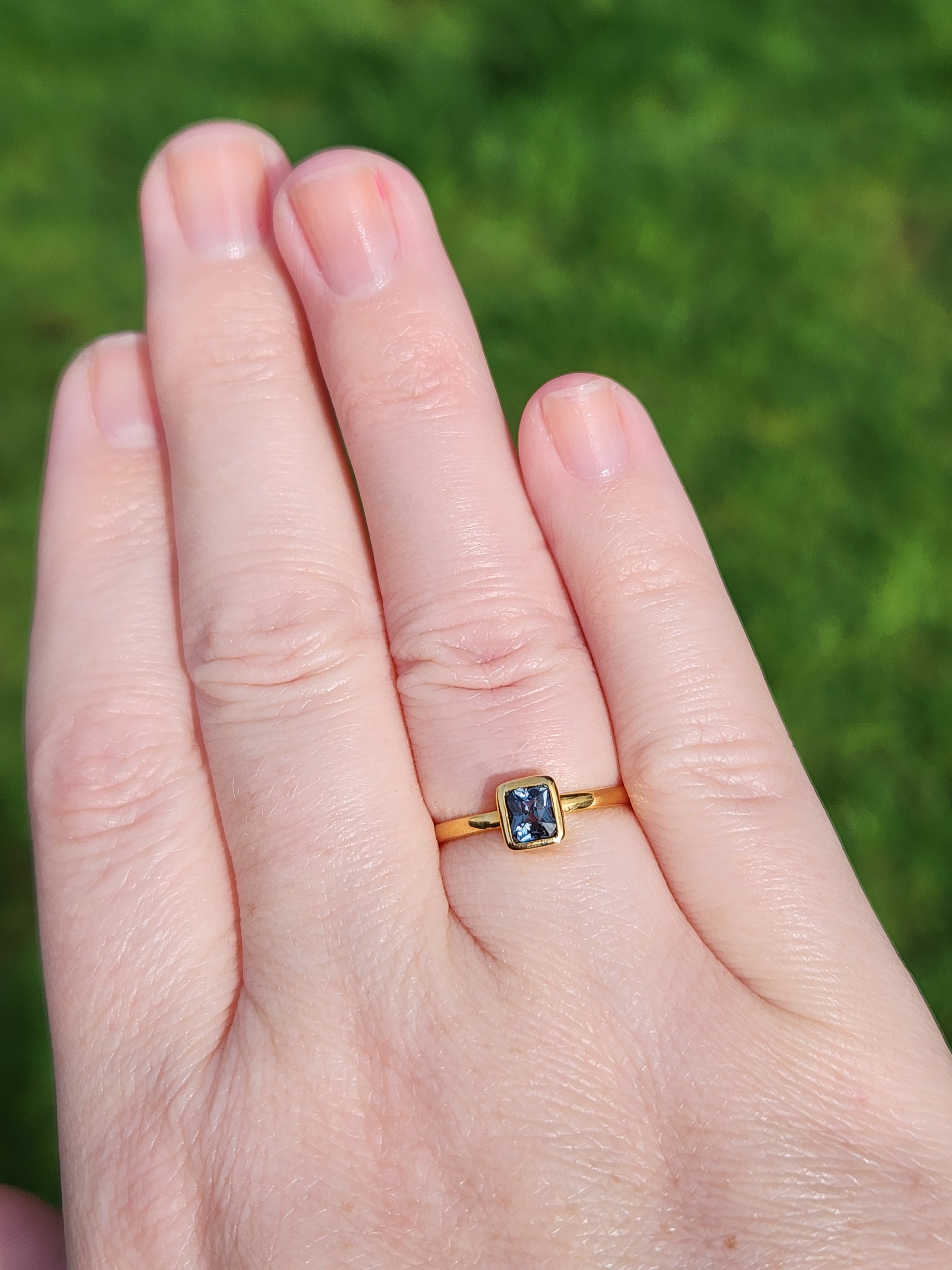 Handcrafted Bezel Set Teal Green Sapphire Solitaire Ring in 18k Yellow Gold