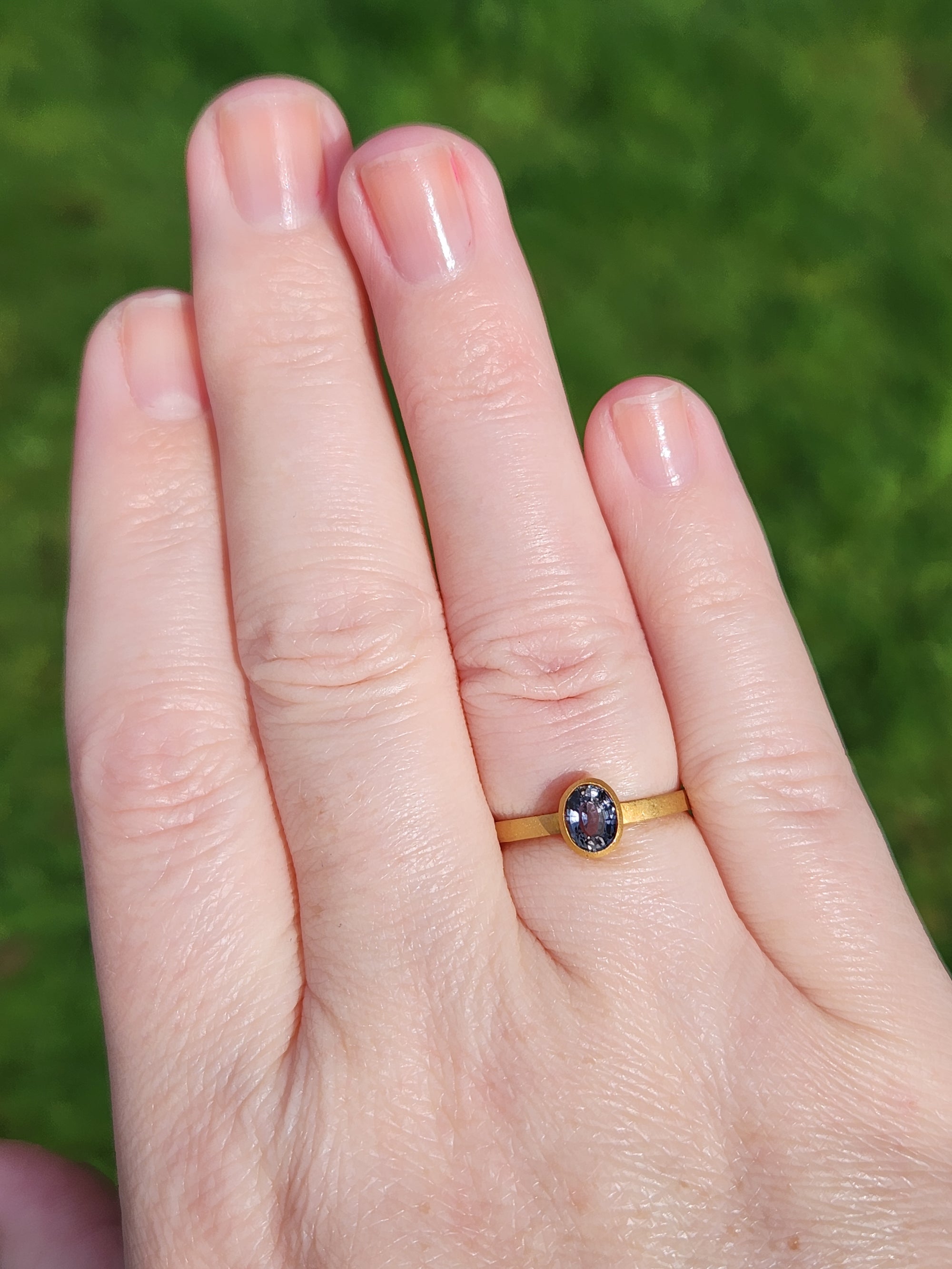 Handcrafted Bezel Set Oval Teal Green Sapphire Solitaire Ring in 18k Yellow Gold