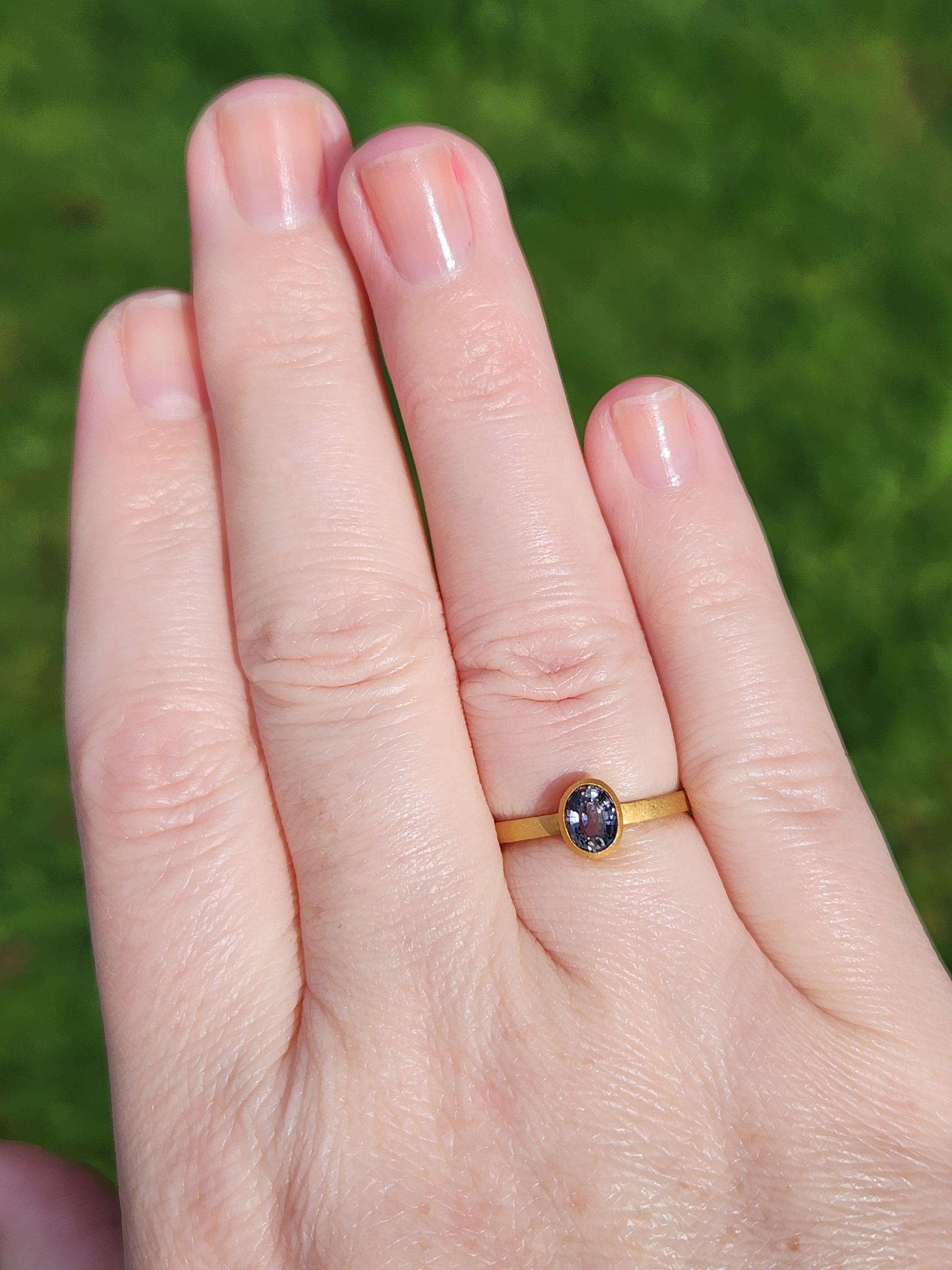 Handcrafted Bezel Set Oval Teal Green Sapphire Solitaire Ring in 18k Yellow Gold