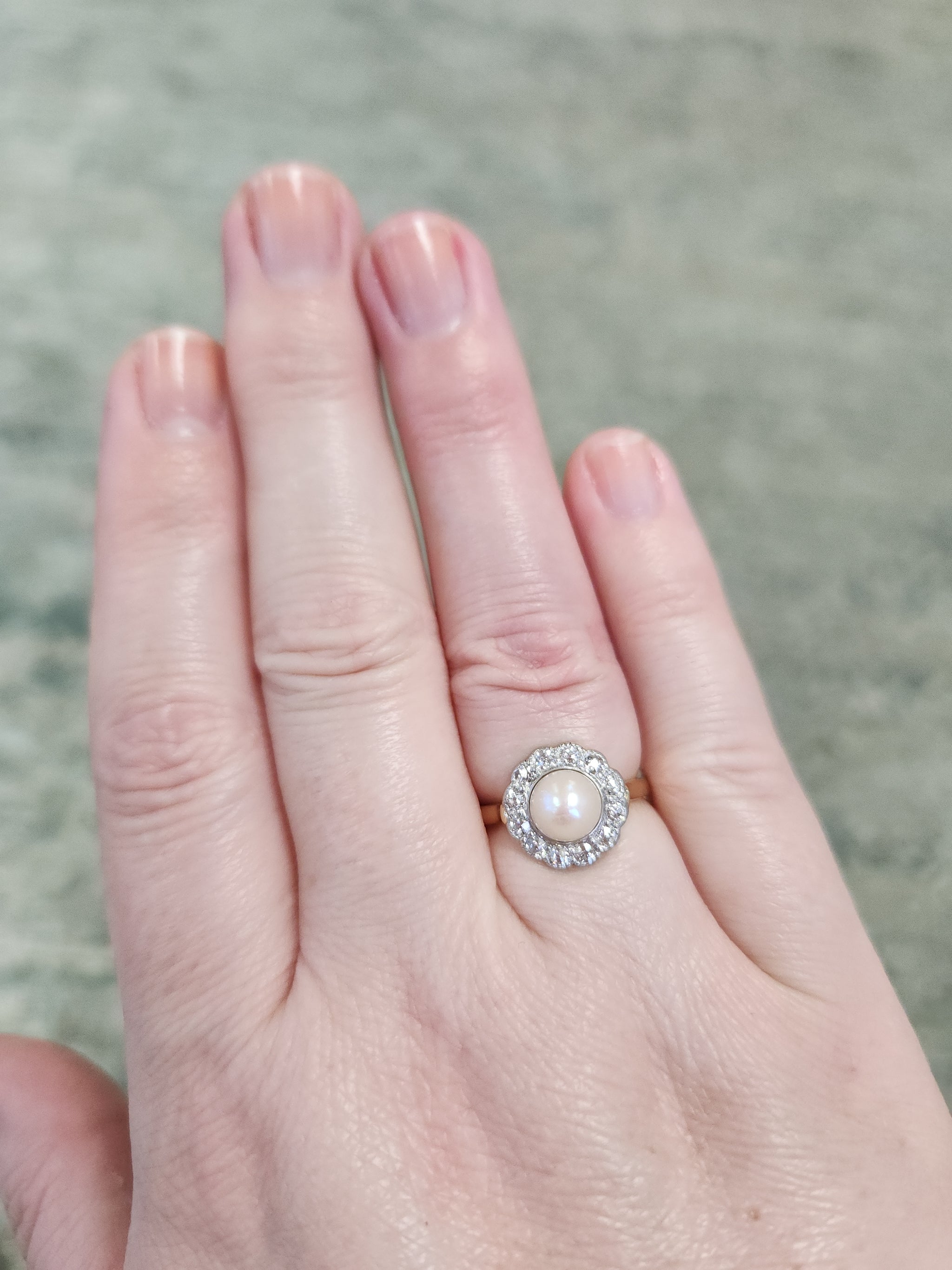 Sparkling Edwardian Pearl & Old European Cut Diamond Halo Ring in 14k Yellow Gold