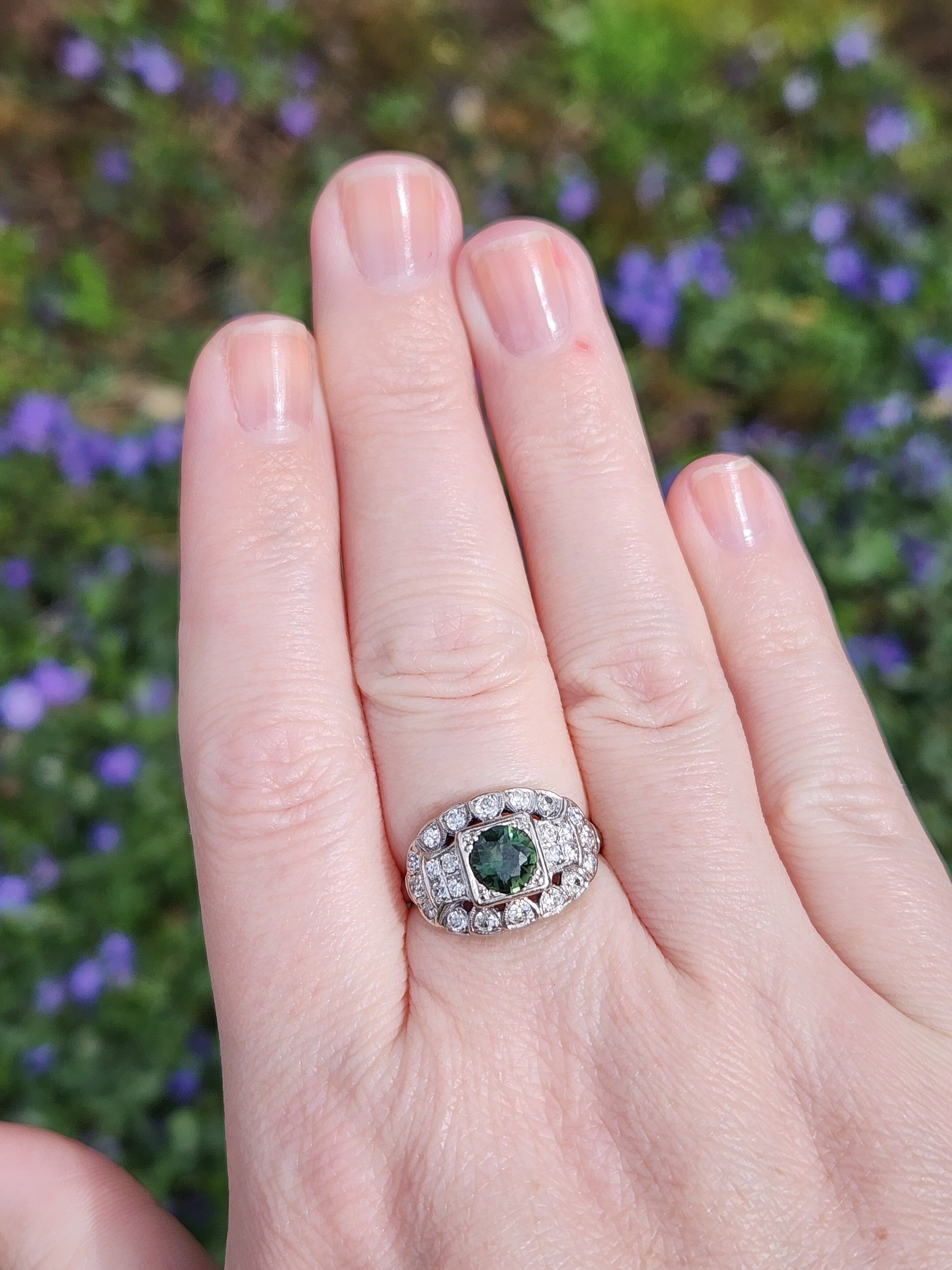 Late Art Deco Deep Green Sapphire and Old European Cut Diamond Ring in 14k White Gold