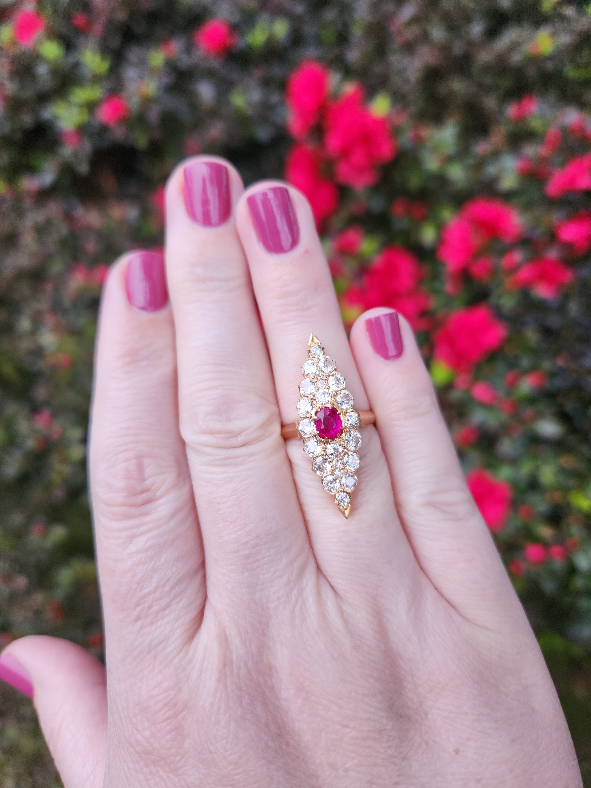 GIA Certified Ruby and Old European Cut Diamond Navette Ring in 14k Yellow Gold