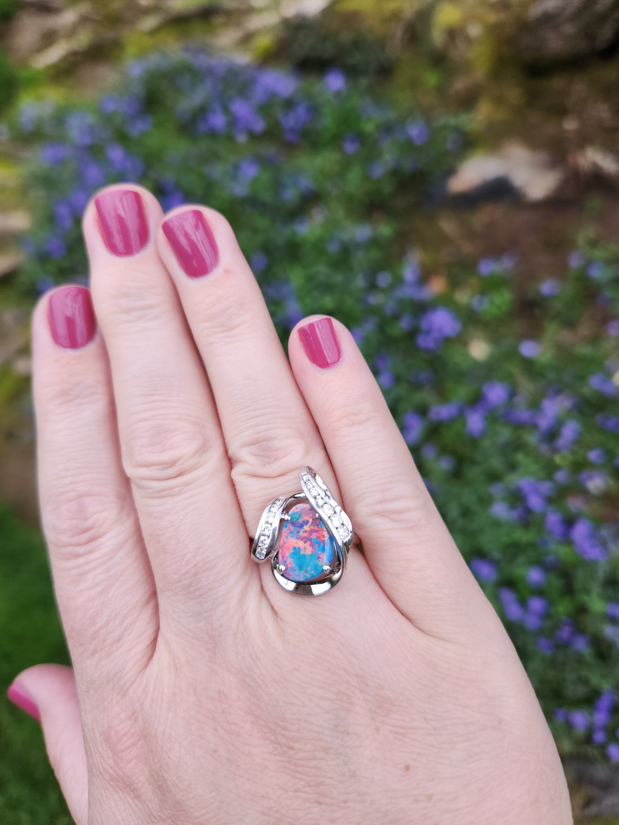 Electric Australian Black Opal Doublet and Diamond Ring in 14k White Gold