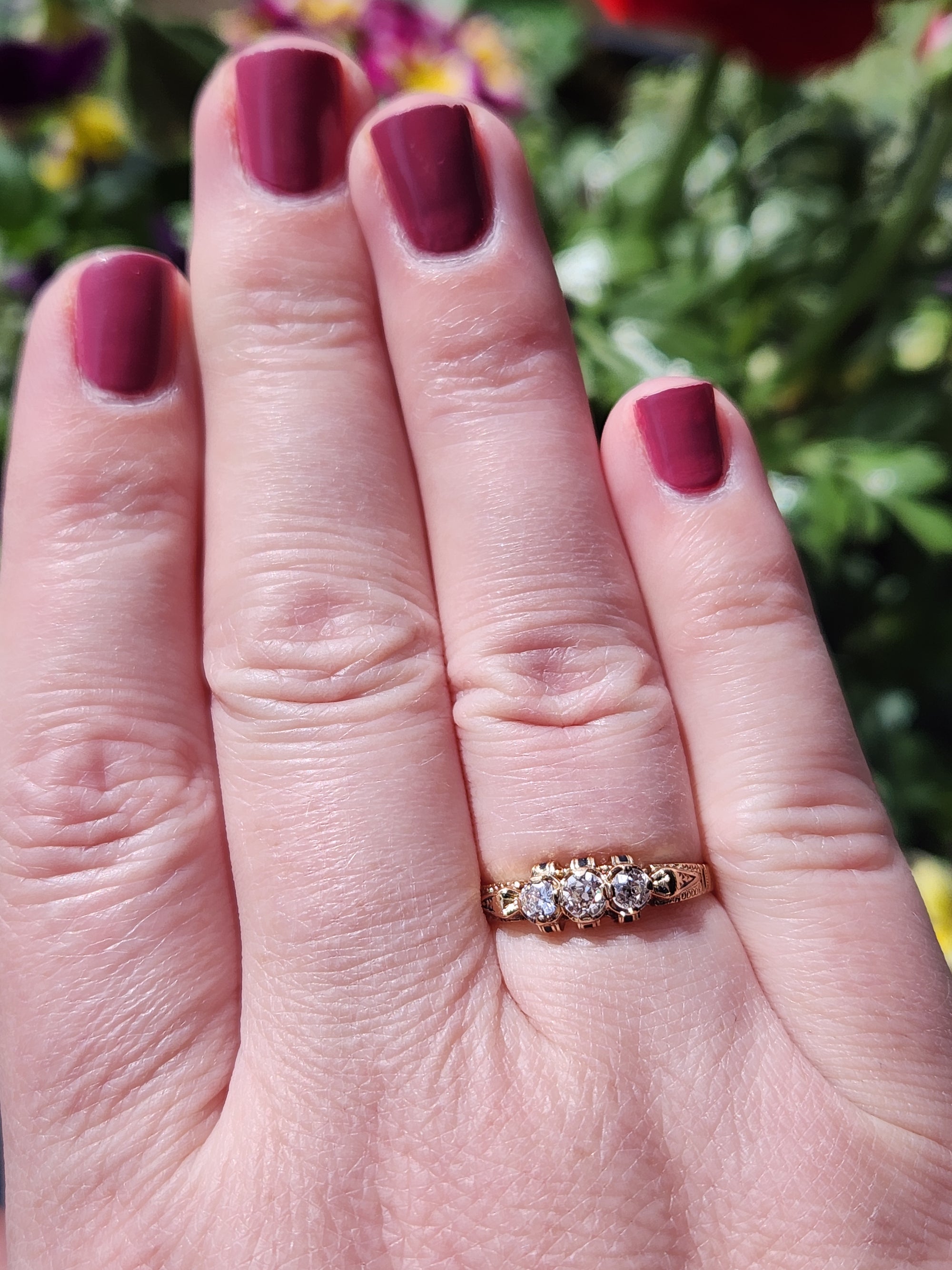 Victorian Old European Cut Diamond Three Stone Engagement Ring in 18k Yellow Gold