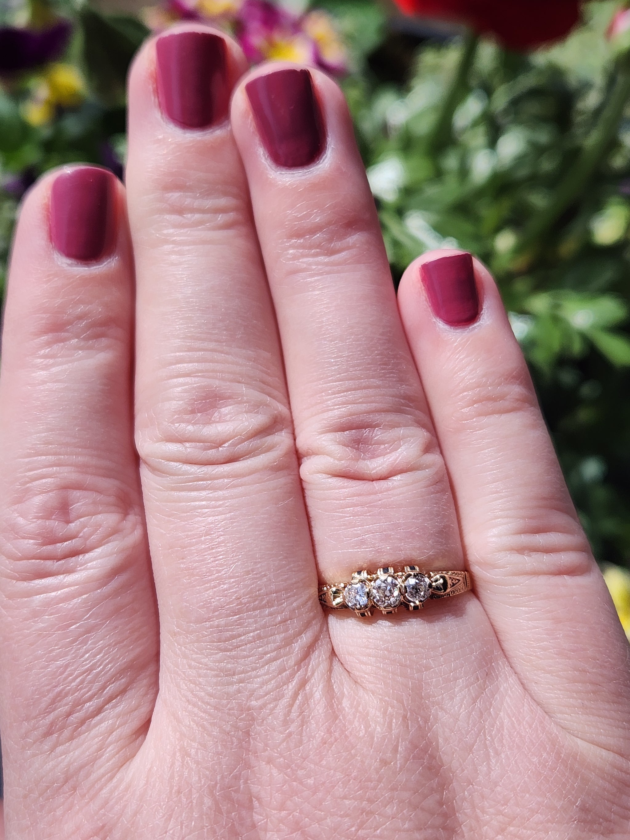 Victorian Old European Cut Diamond Three Stone Engagement Ring in 18k Yellow Gold