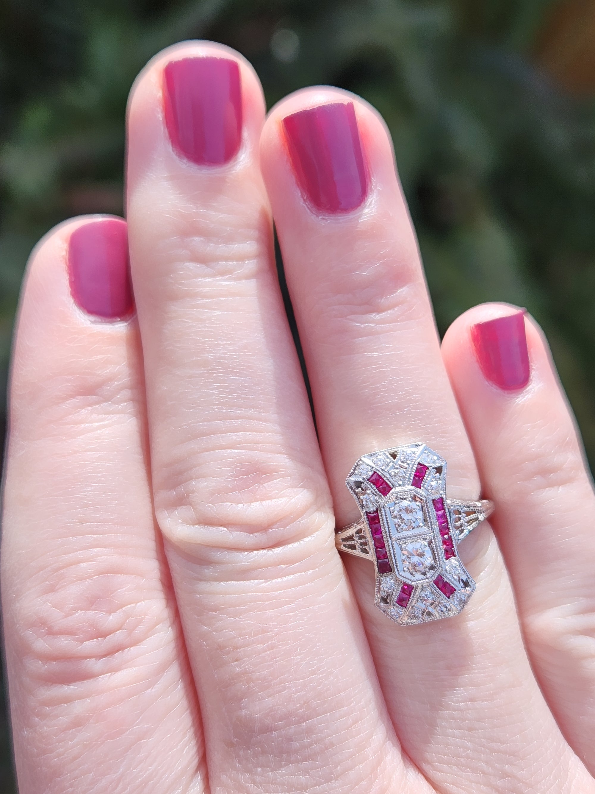 Art Deco Old European Cut and Ruby Cocktail Ring in Platinum