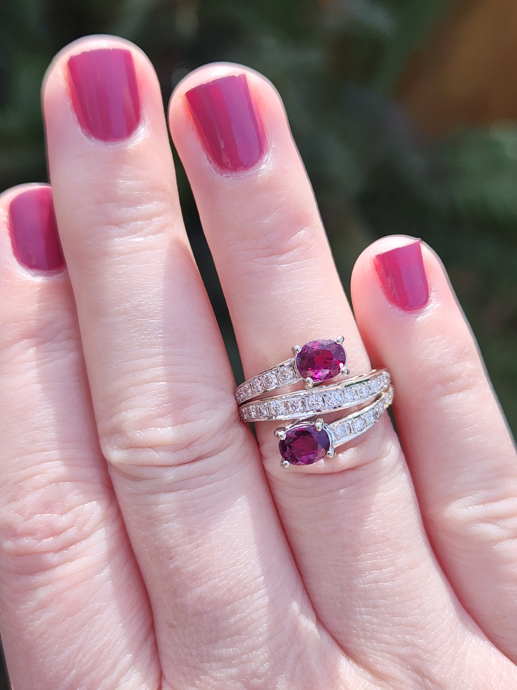 Vintage Double Ruby and Diamond Bypass Statement Ring in 18k White Gold