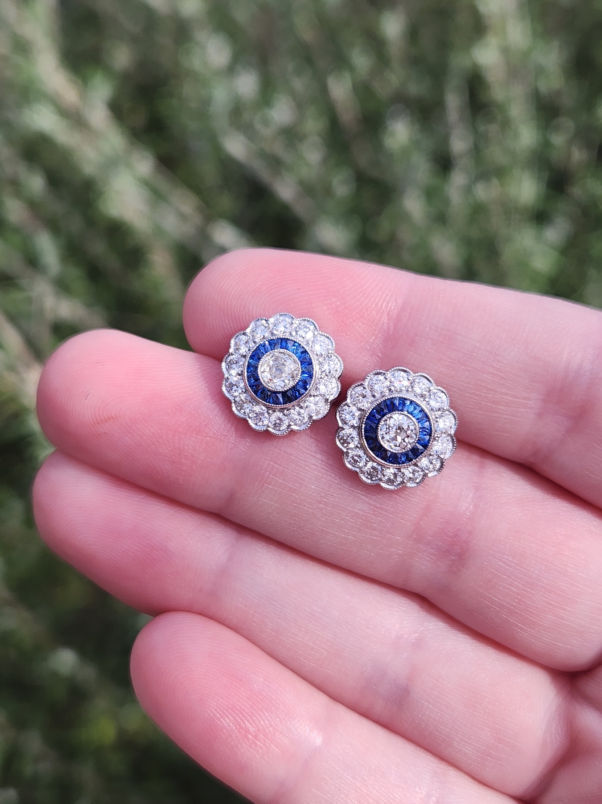Sparkling Old Mine Cut Diamond and Sapphire Stud Earrings in 14k White Gold