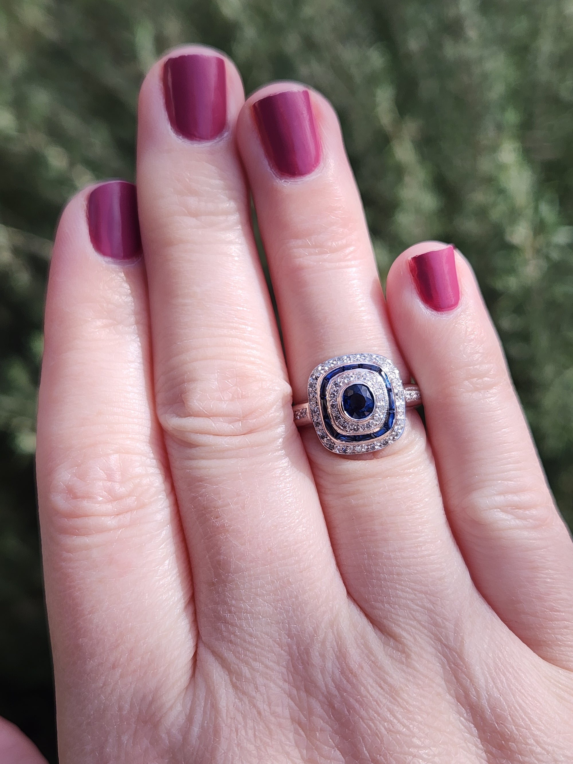 Vintage Blue Sapphire and Diamond Double Halo Bezel Set Oval Ring in 14k White Gold