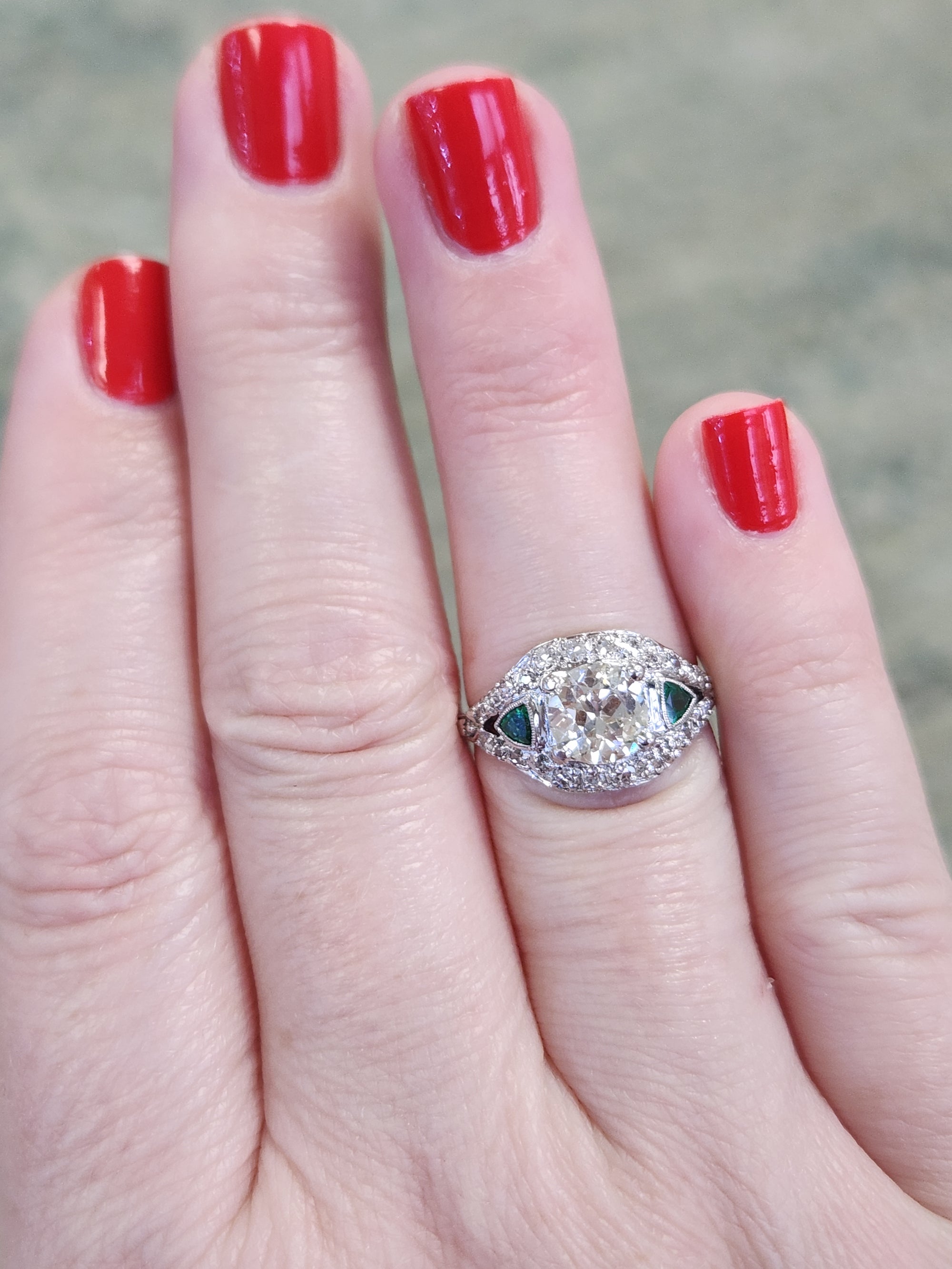 Late Art Deco Old European Cut Diamond and Natural Emerald Ring in Platinum