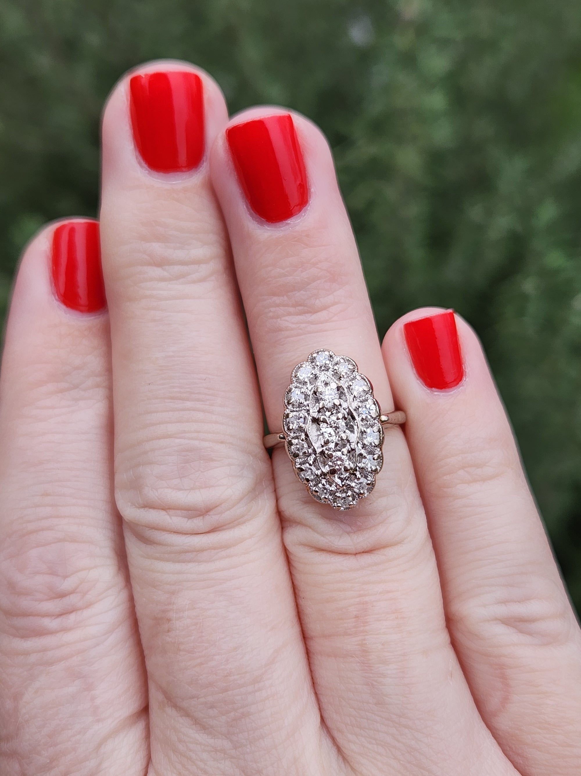 Late Art Deco Diamond Petite Navette Cluster Ring in 14k White Gold