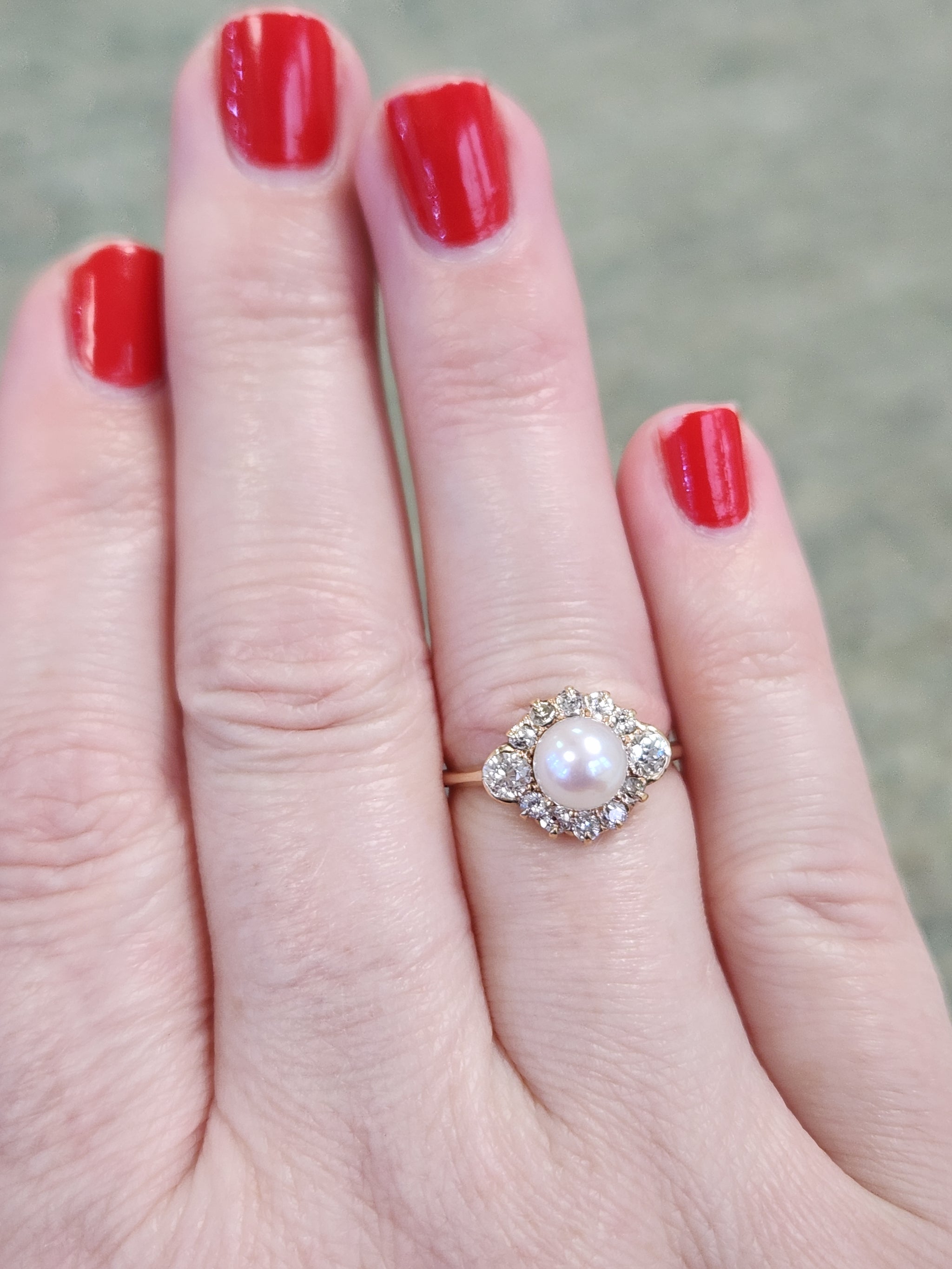 Glorious Victorian Pearl and Old Cut Diamond Ring in 14k Yellow Gold