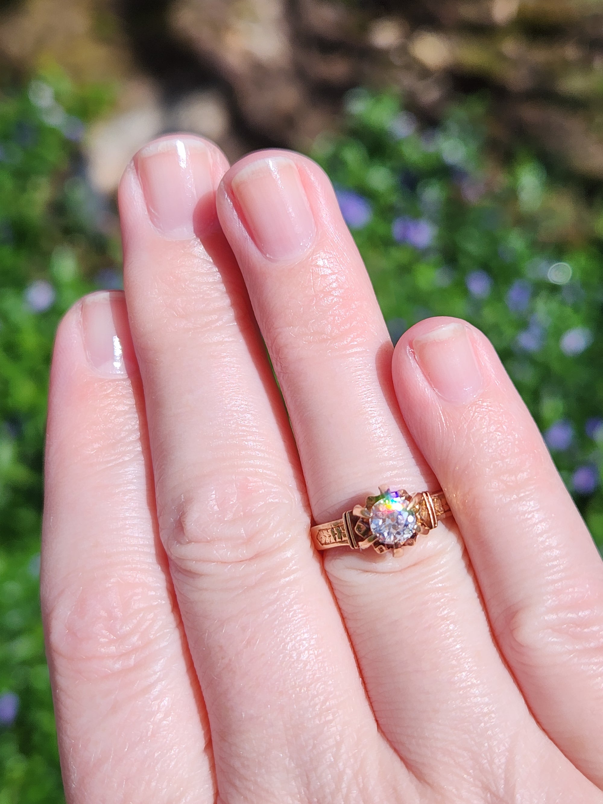 Antique Old Mine Cut Diamond Solitaire in Architectural 14k Rose Gold Ring