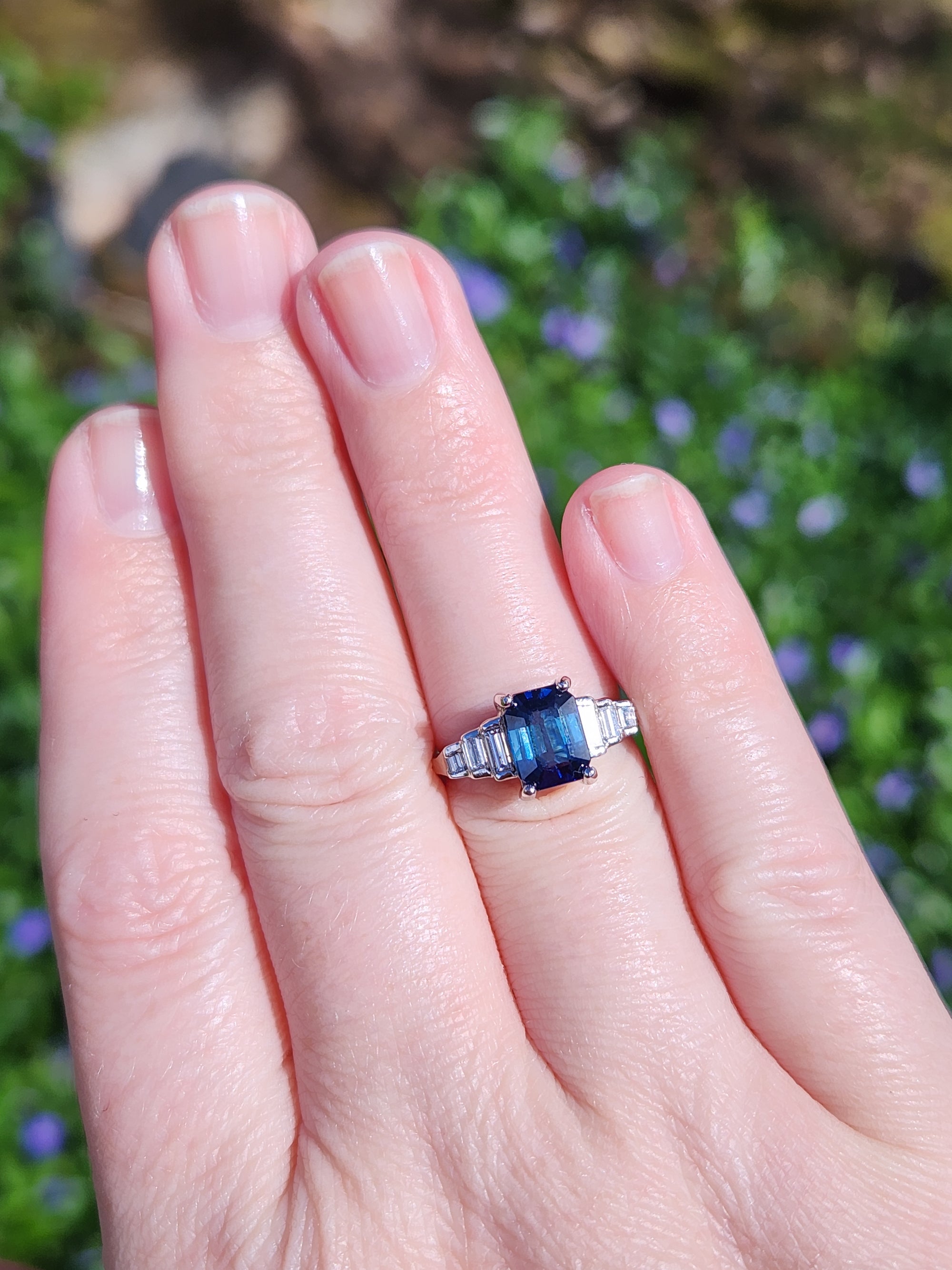 Sleek GIA Certified Blue Sapphire and Baguette Diamond Ring in 18k White Gold