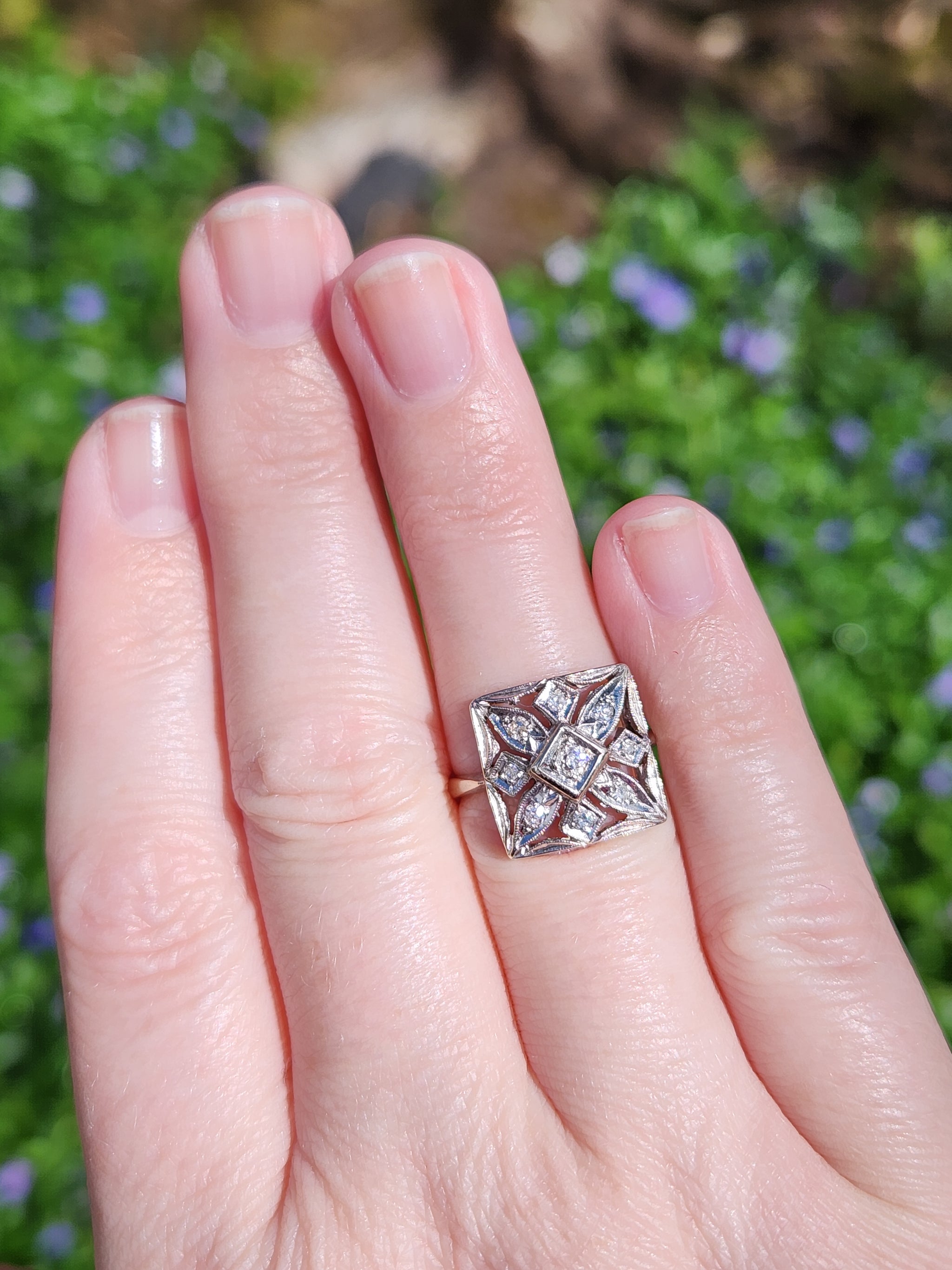 Late Art Deco Square Pierced Old Cut Diamond Ring in 14k White Gold