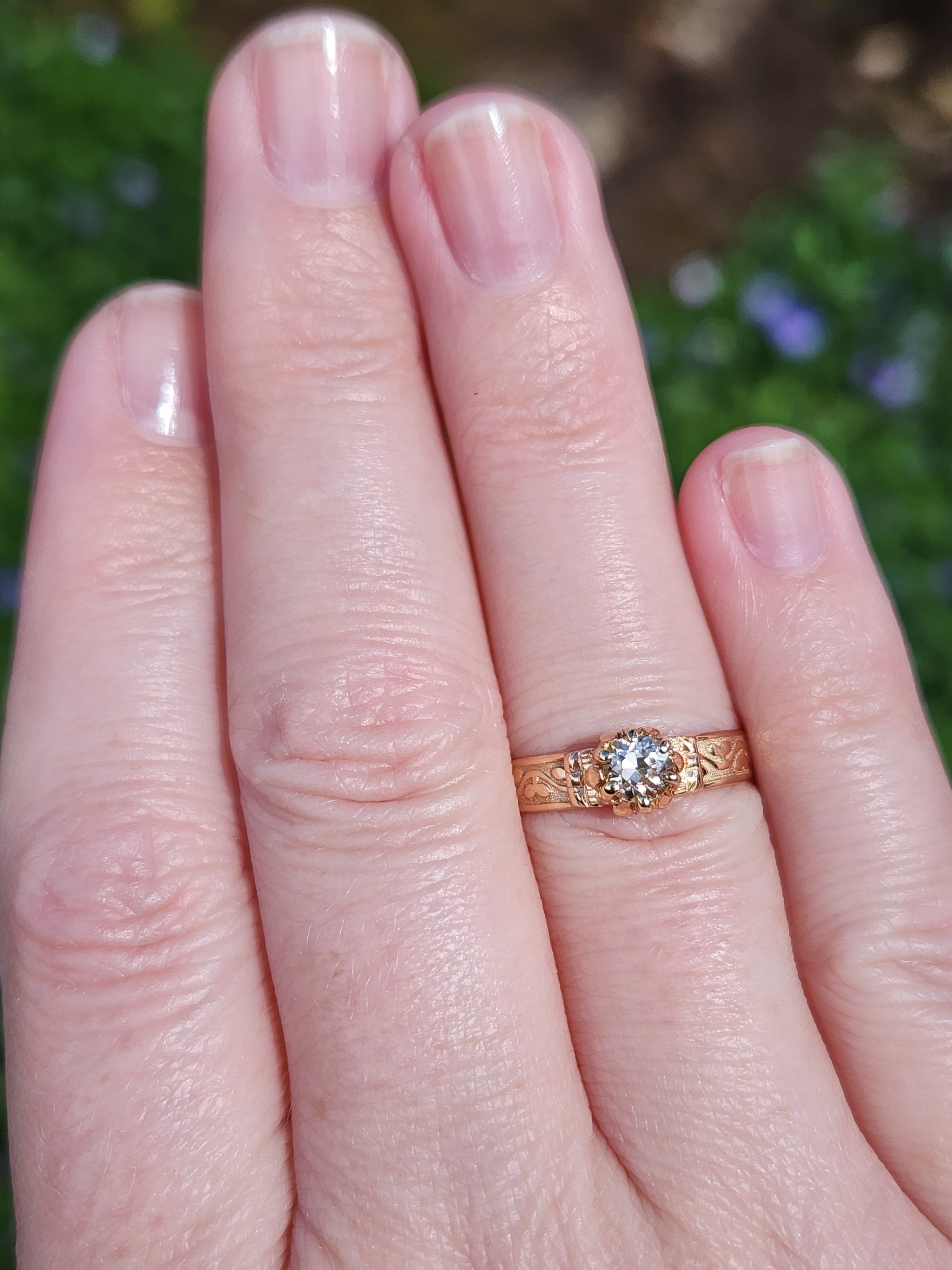 Victorian Old European Cut Diamond Engagement Ring Engraved in 14k Rosy Gold